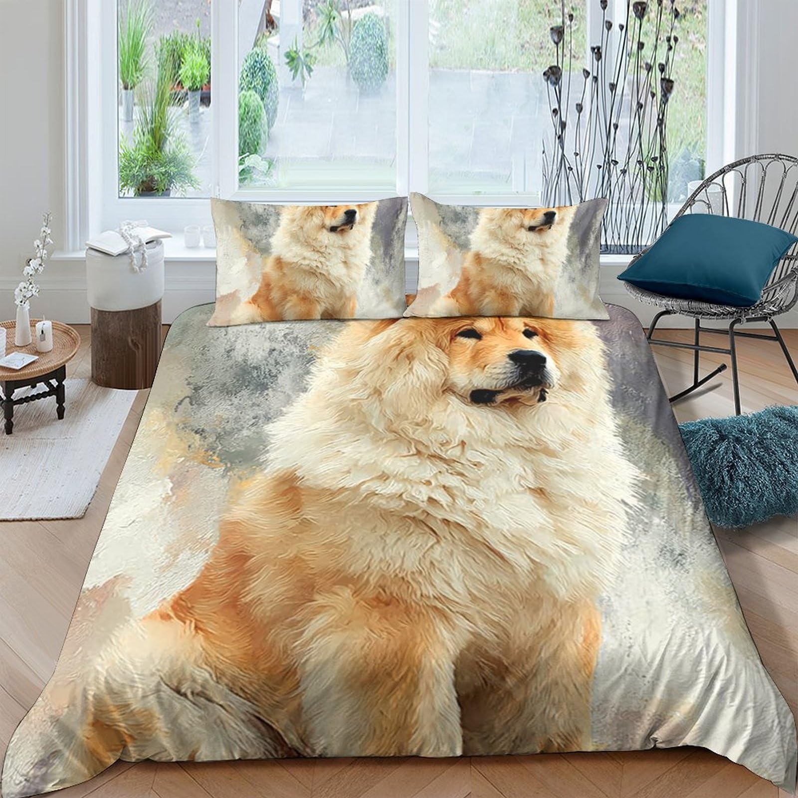 GPLZQXKJNH 3D Printed Fluffy Dog Duvet Cover Set Microfiber Soft Breathable Chow Chow Quilt Cover with 2 Pillowcases for Bedroom Decor, Single（135x200cm）