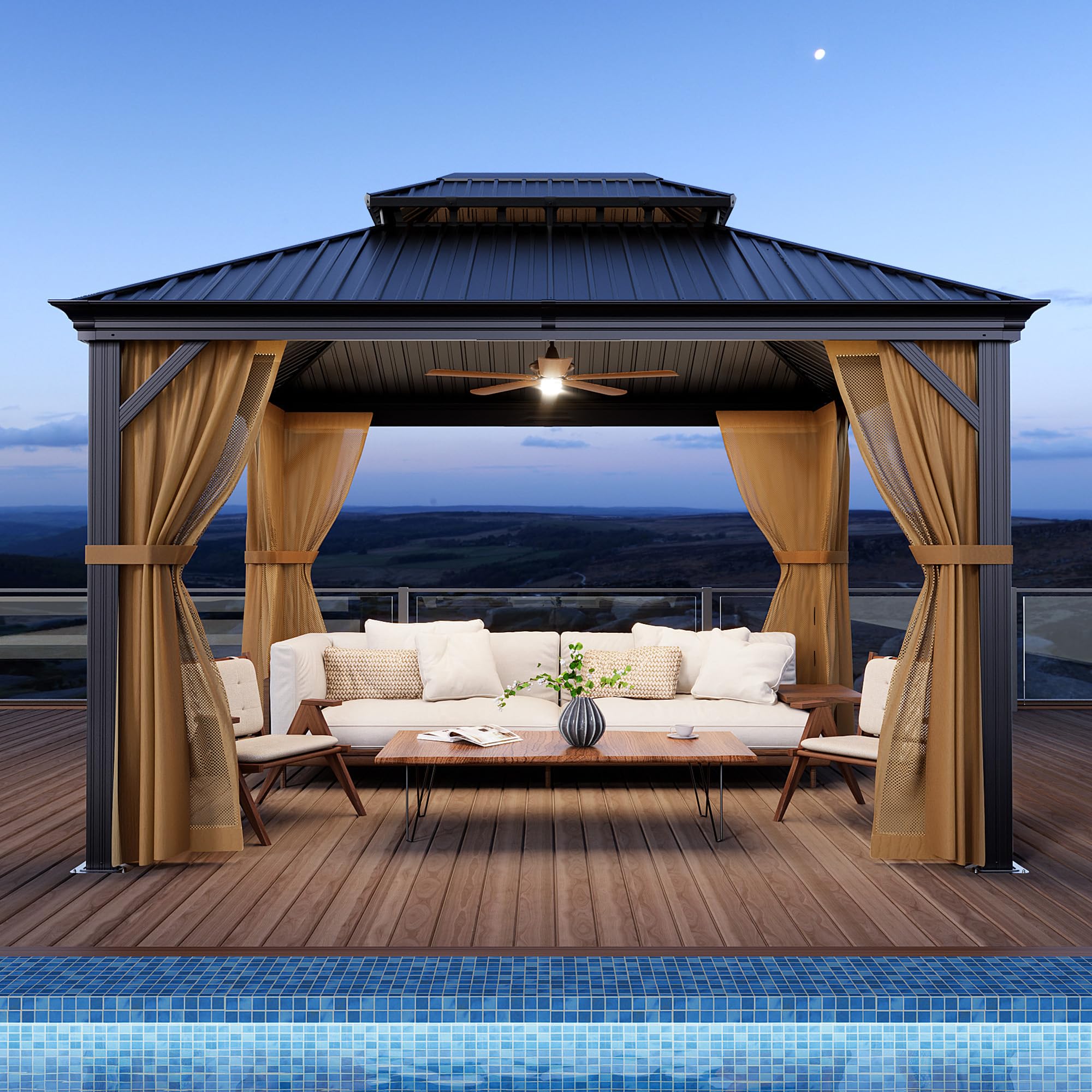 SUNBURY 10'x 12' Hardtop Gazebo, Outdoor Aluminum Frame Gazebos with Double Roofs, Outdoor Metal Canopy with Mosquito Netting and Privacy Screen for Patio, Backyard, Lawn, Garden, Deck (Gray)