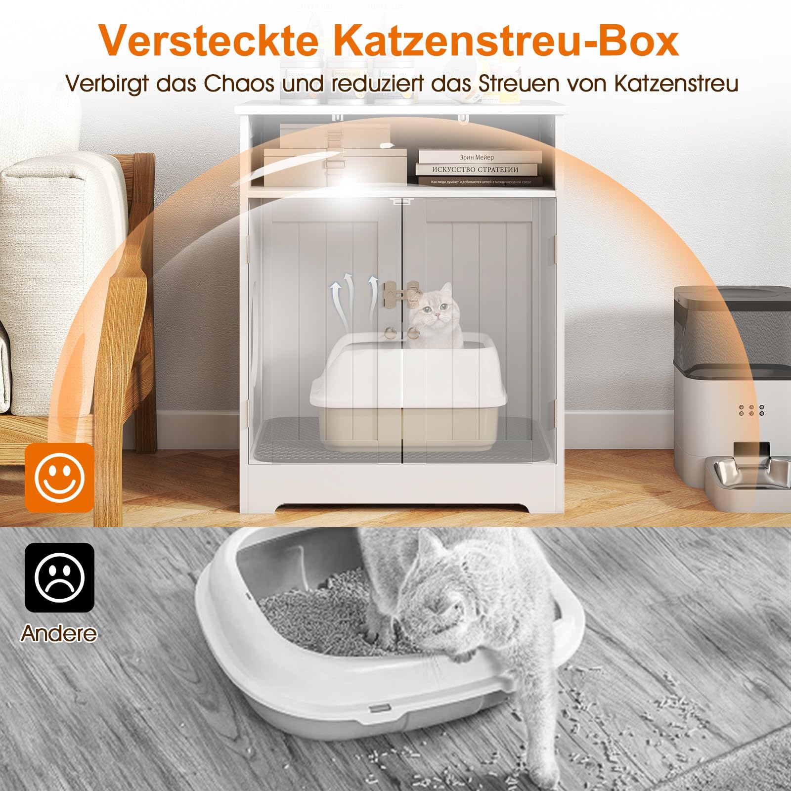 COSTWAY Szafka na kuwetę dla kota, szafka dla kota z matą na żwirek, 2 zamykane drzwi, wejście i przegródka, 3 w 1 domek dla kota toaleta dla kota stolik boczny, drewno, meble dla kota do salonu