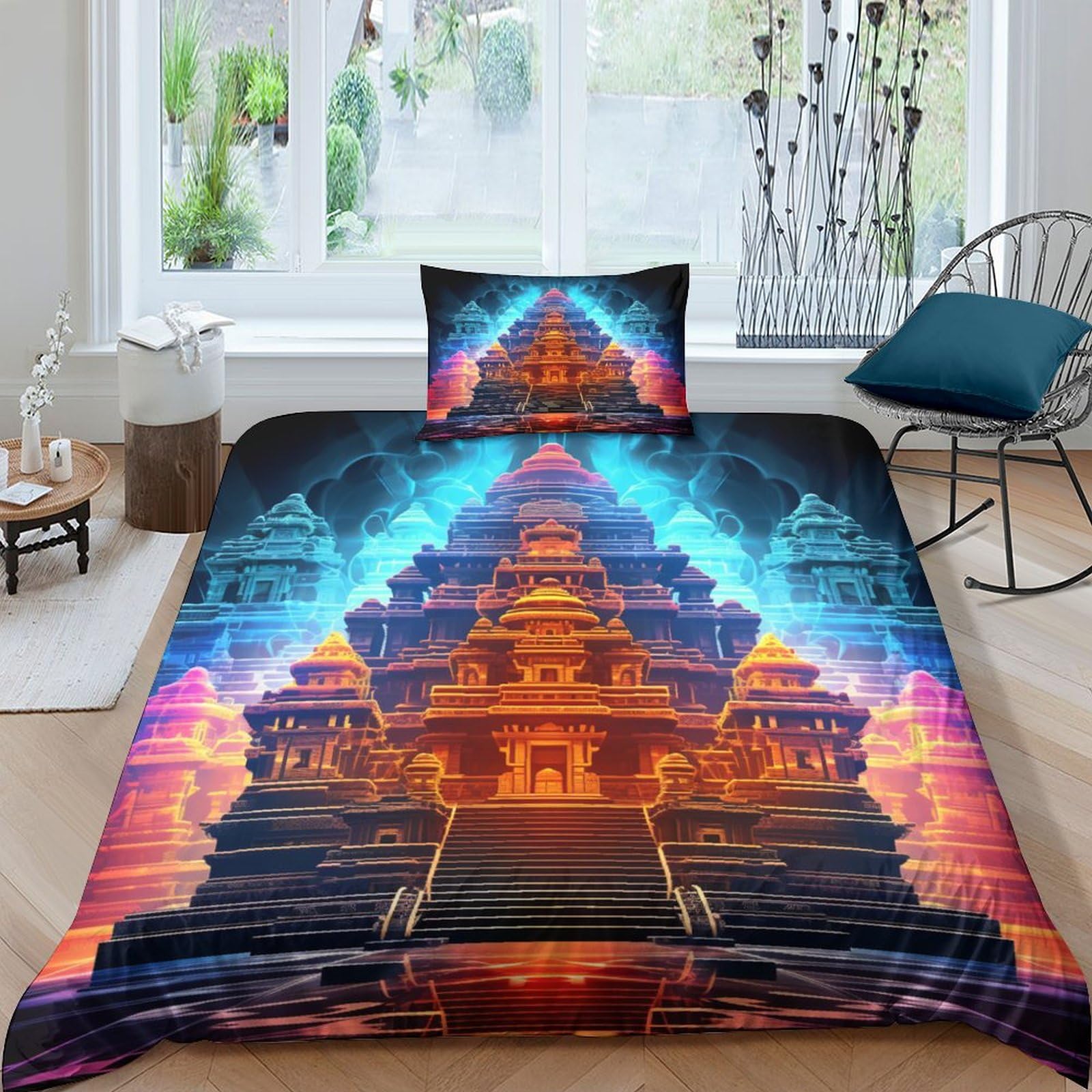 Housse de couette 135x200cm Temple 3D en microfibre imprimée avec sa taie d'oreiller