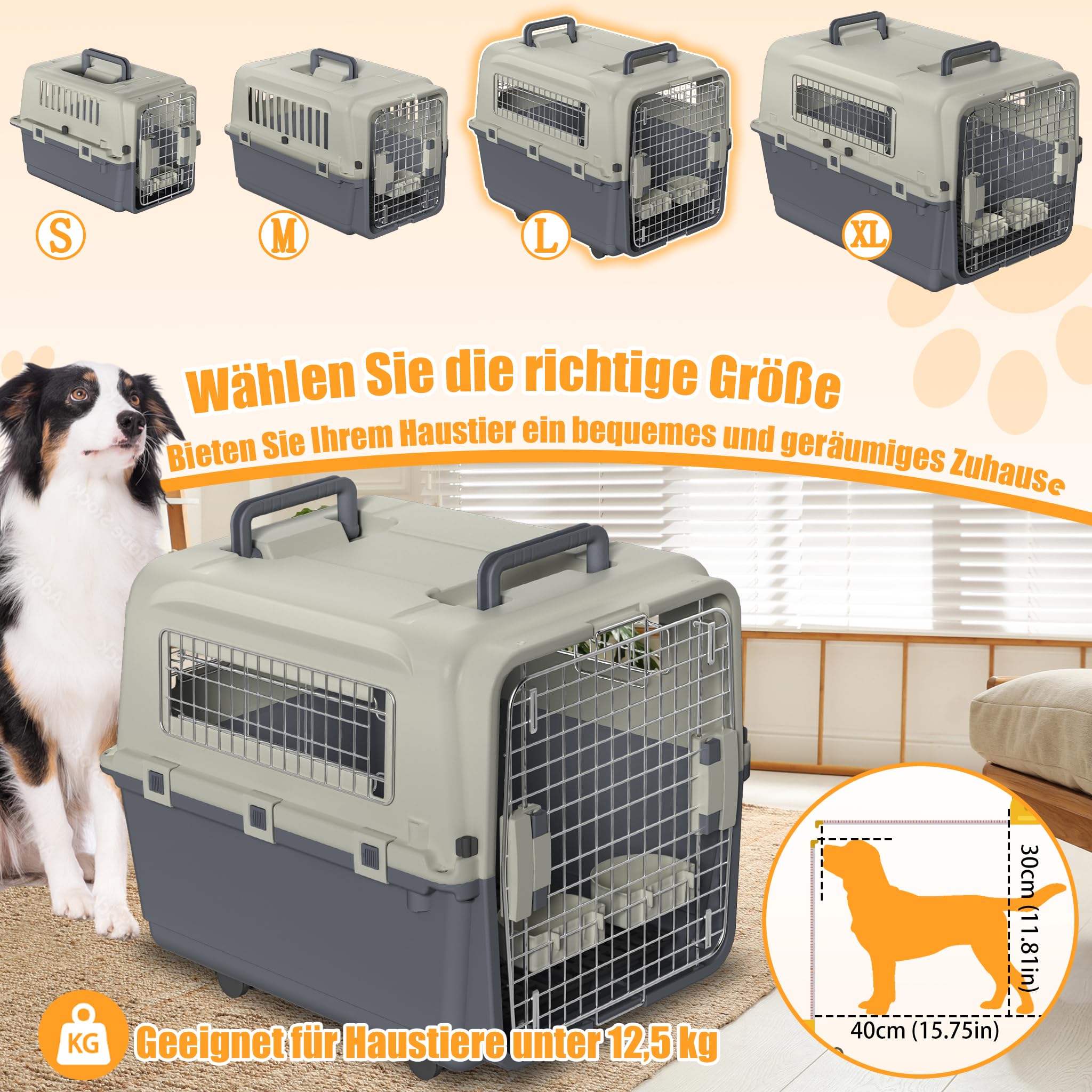 XMTECH Hundetransportbox Transportbox Flugzeugbox für Tiere, Reisebox für Hunde, mit Sicherheitsverriegelung & Lüftungsgitter, L 67 x B 51 x H 45 cm