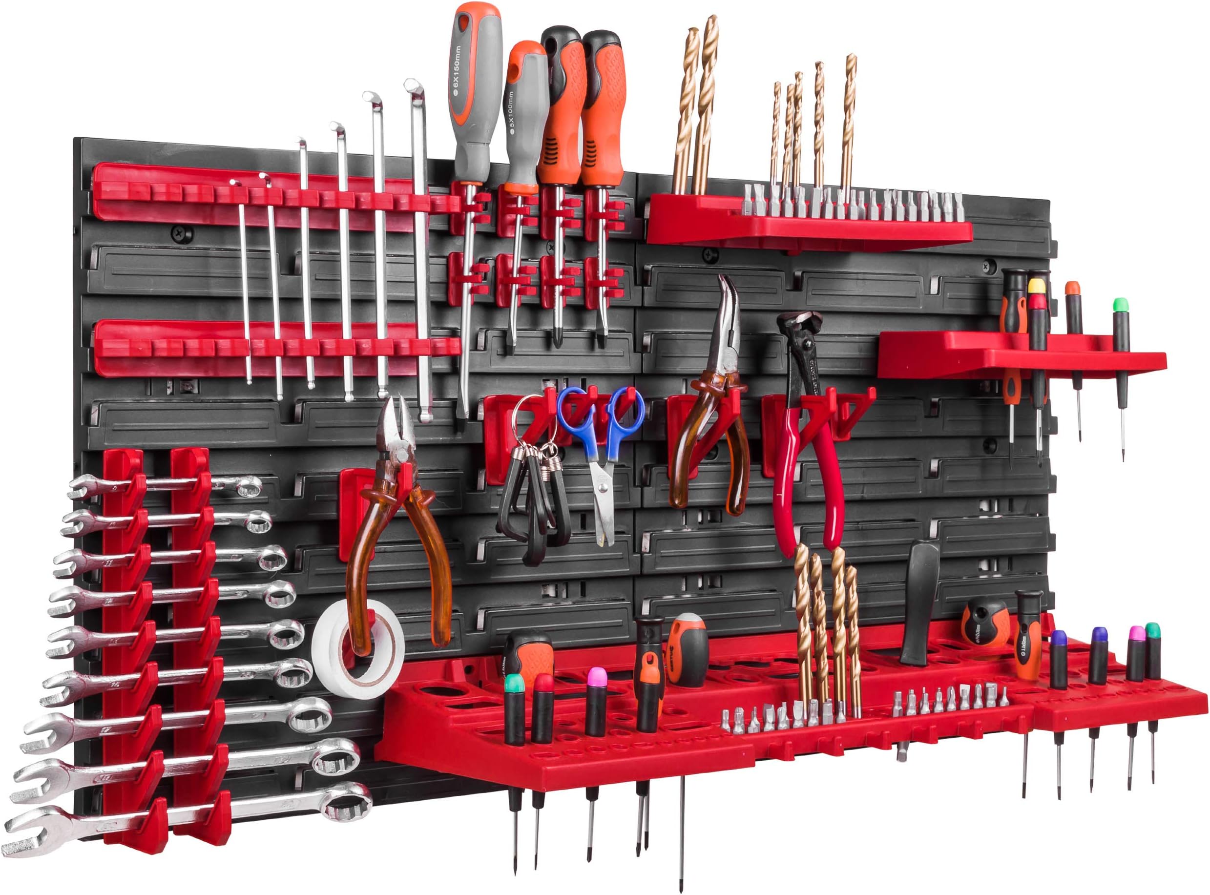 46 stapelbakken, wandrek, kunststof, 234 x 78 cm, gereedschapshouder, werkplaats, garage, opslagsysteem, opbergbakken