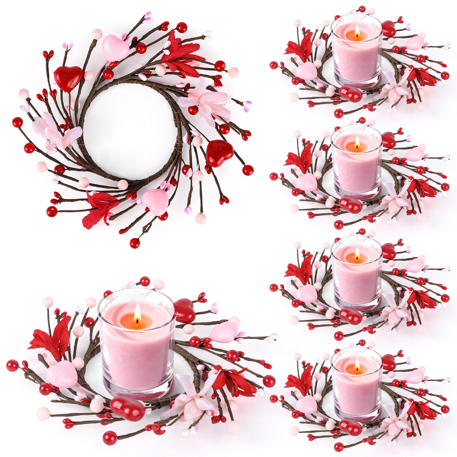 6 PCS Valentine Candle Rings Wreaths Valentines Day Mini Wreath Red Pink Heart and Berry Candle Holder Rings Valentine's Table Decor for Valentine Day Wedding Windows Table Centerpieces