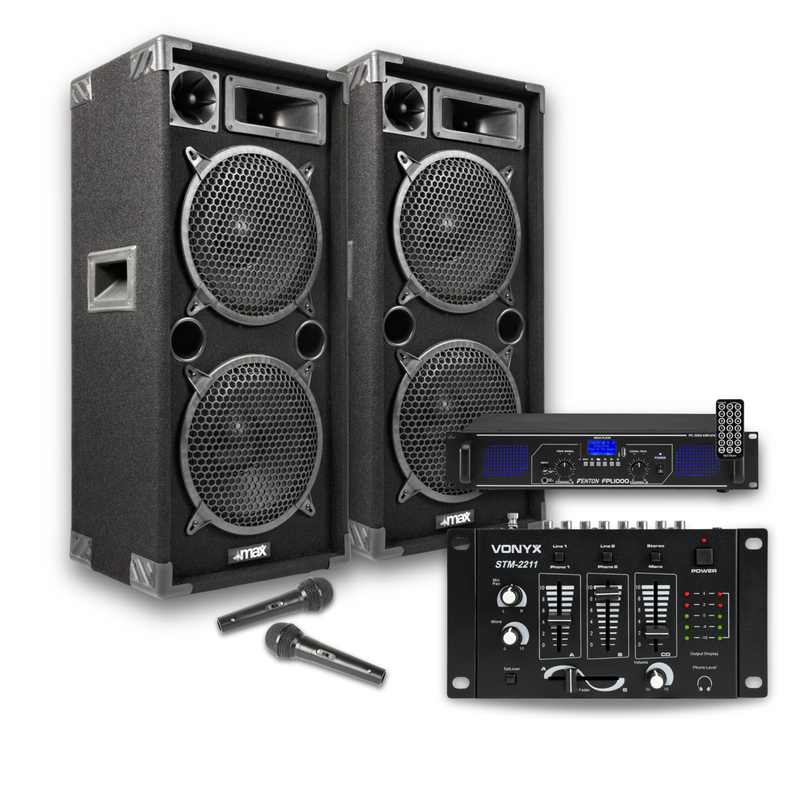 MAX212 Kit de Sono DJ, Amplificador y Mezclador – 2800 W, kit perfecto para principiantes y profesionales, ideal para animar tus veladas negras
