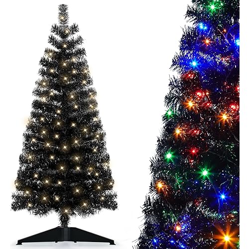 Pre-Lit Artificial Christmas Tree, Warm White Lights, Colorful Lights, Includes Stand, 4 feet (Black)