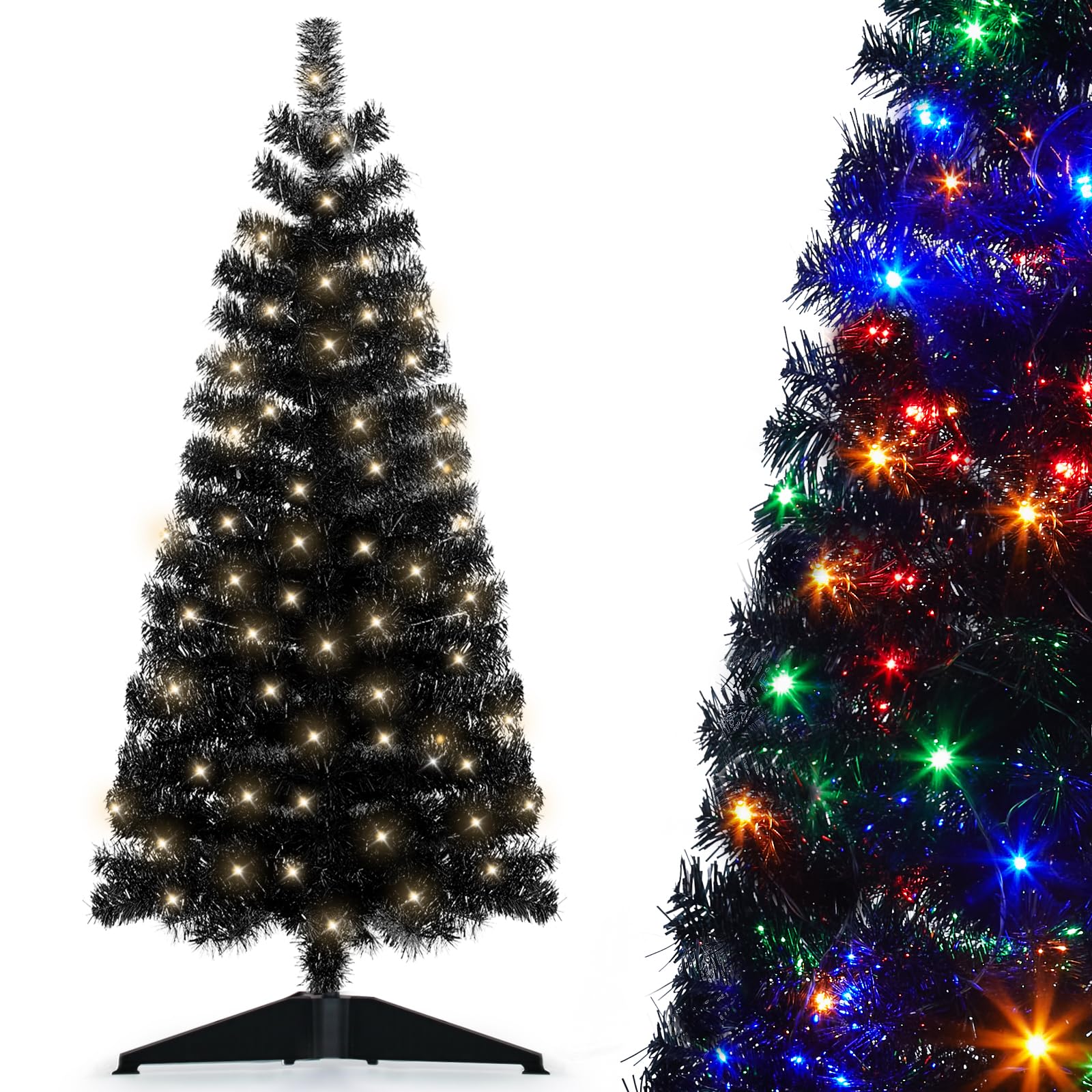Pre-Lit Artificial Christmas Tree, Warm White Lights, Colorful Lights, Includes Stand, 4 feet (Black)