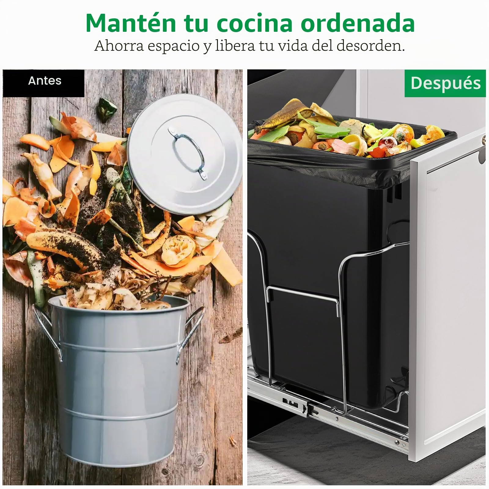 Garvee Cubo De Basura Extraíble Para Armario Bajo Fregadero – Cierre Suave y Guías Resistentes – Kit De Montaje Fácil Para Cocina – Compatible Con Armarios De Mínimo 27x48cm – Capacidad 30L (Sin Cubo)