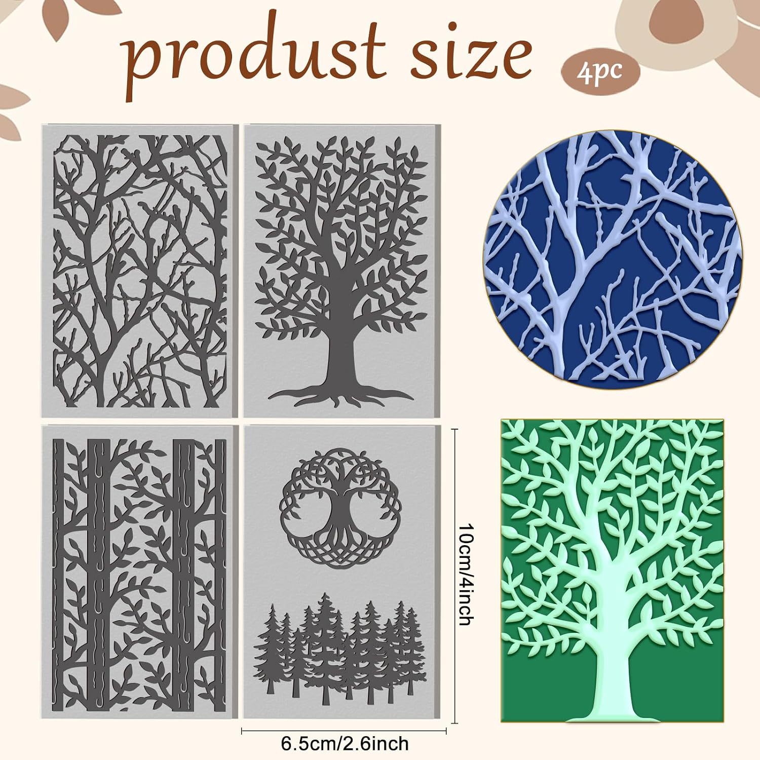 4 Pcs Tree Texture Pattern Polymer Clay Texture Sheet Rubber Clay Texture Mat for Polymer Clays Making Earrings Jewelry DIY Crafts, 4 × 2.5 Inch