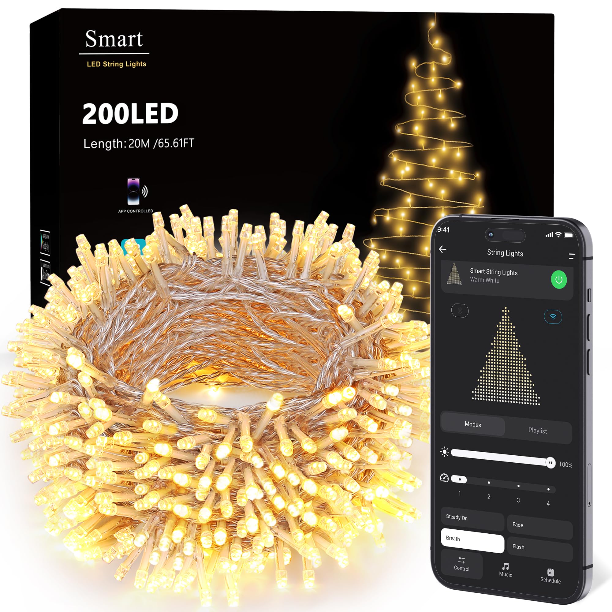Brizled Smart Christmas Lights 65 61ft 200 LED String Lights with APP Voice Control Dimmable WiFi Warm White