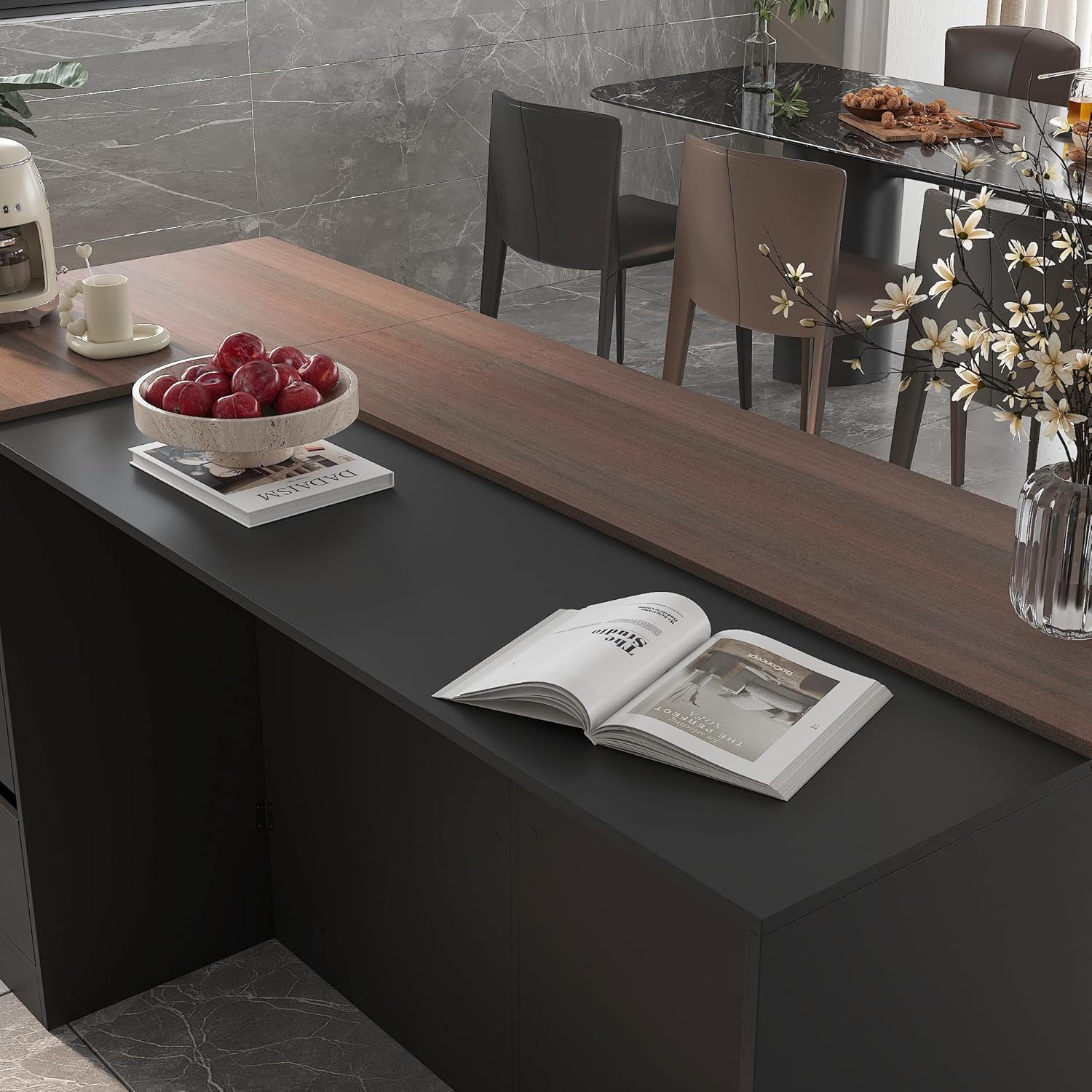 77.6" W Large Kitchen Island with Storage & 3-Color Light, Island Table with Glass Doors, Adjustable Shelf and Drawers for Kitchen Dining Room, Black & Brown Wood Grain