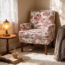 Floral Accent Chair with High Back & Nailhead Trim, Comfy Upholstered Armchair with Solid Wood Legs, Contemporary Decorative Lounge Seating for Living Room, Bedroom, Reading Corner, Red