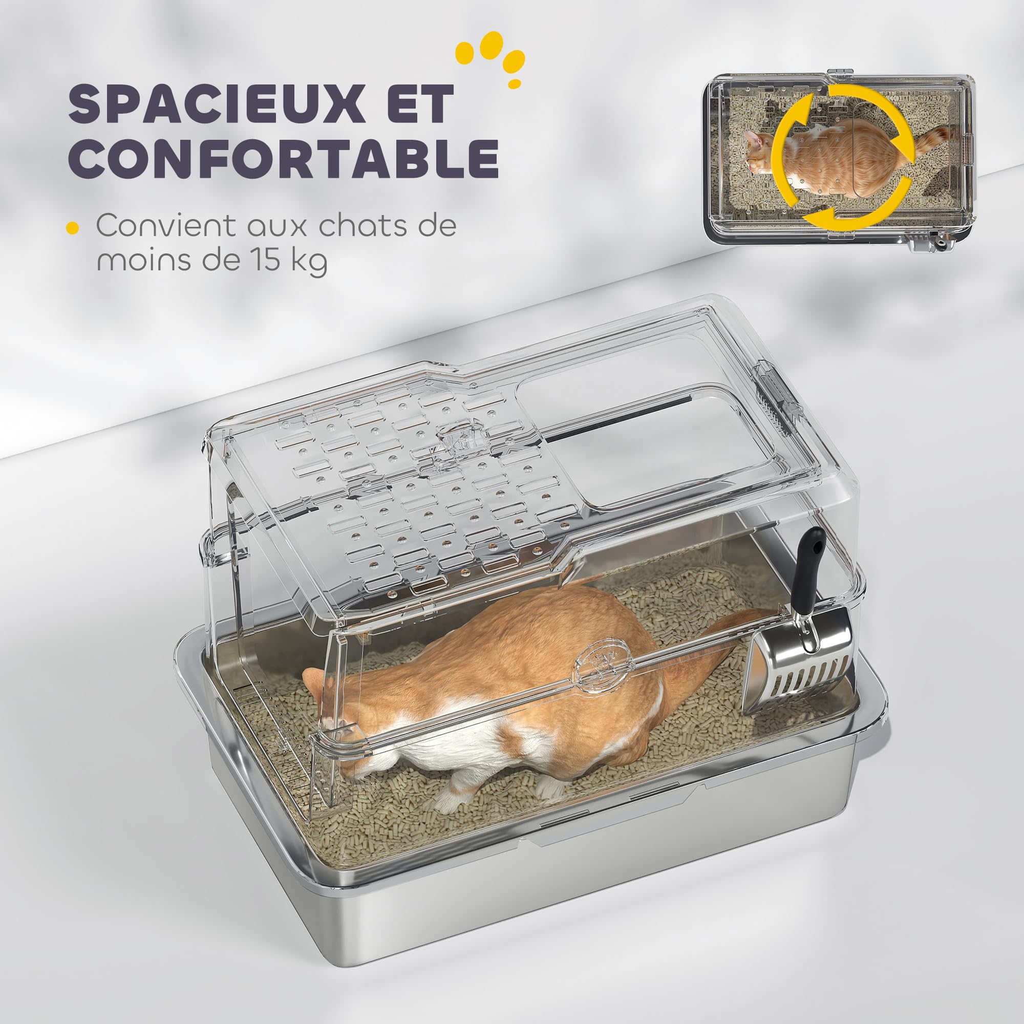 PawHut - Bandeja de arena para gatos cerrada de acero inoxidable, para gatos con pala, tapa abierta, puerta, antifugas y limpieza fácil, 60,2 x 40,2 x 43,7 cm, gris claro