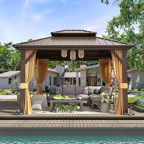 Miniatura 7 de MELLCOM - Kiosco de techo rígido de aluminio con doble techo de metal con cortina y red, pabellón de acero galvanizado permanente para patio, césped