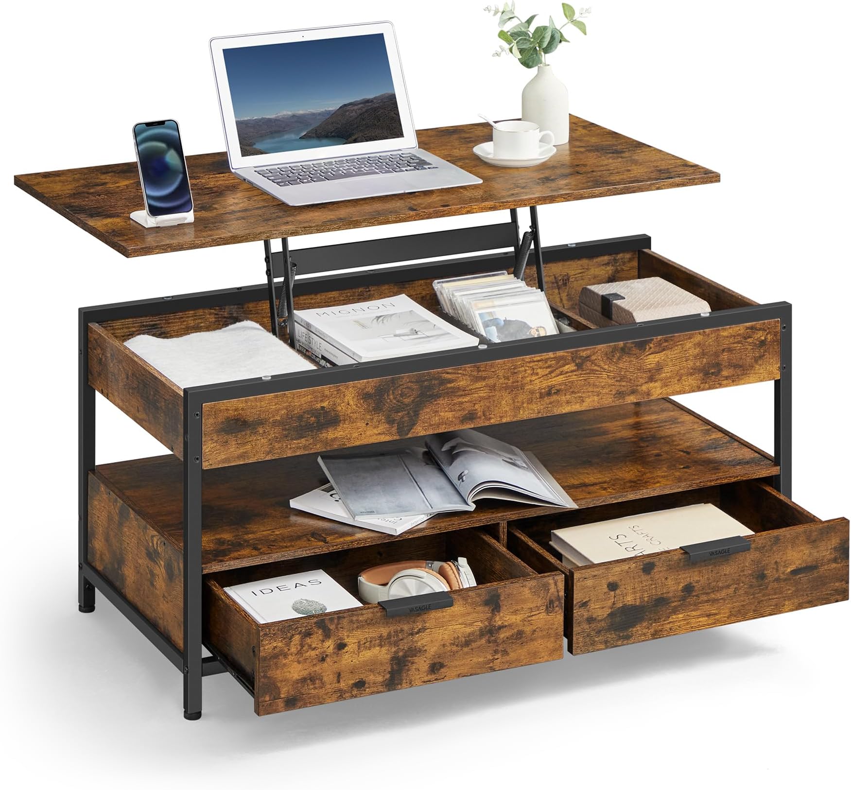 VASAGLE Lift Top Coffee Table, Living Room Table, with Storage Drawers, Hidden Compartments, and Open Shelf, Rustic Brown and Ink Black LCT209K01