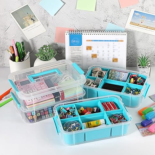 Miniatura 2 de JUXYES Caja de almacenamiento apilable de 4 niveles con 2 bandejas divididas, contenedor de almacenamiento apilable transparente con asa y tapa con