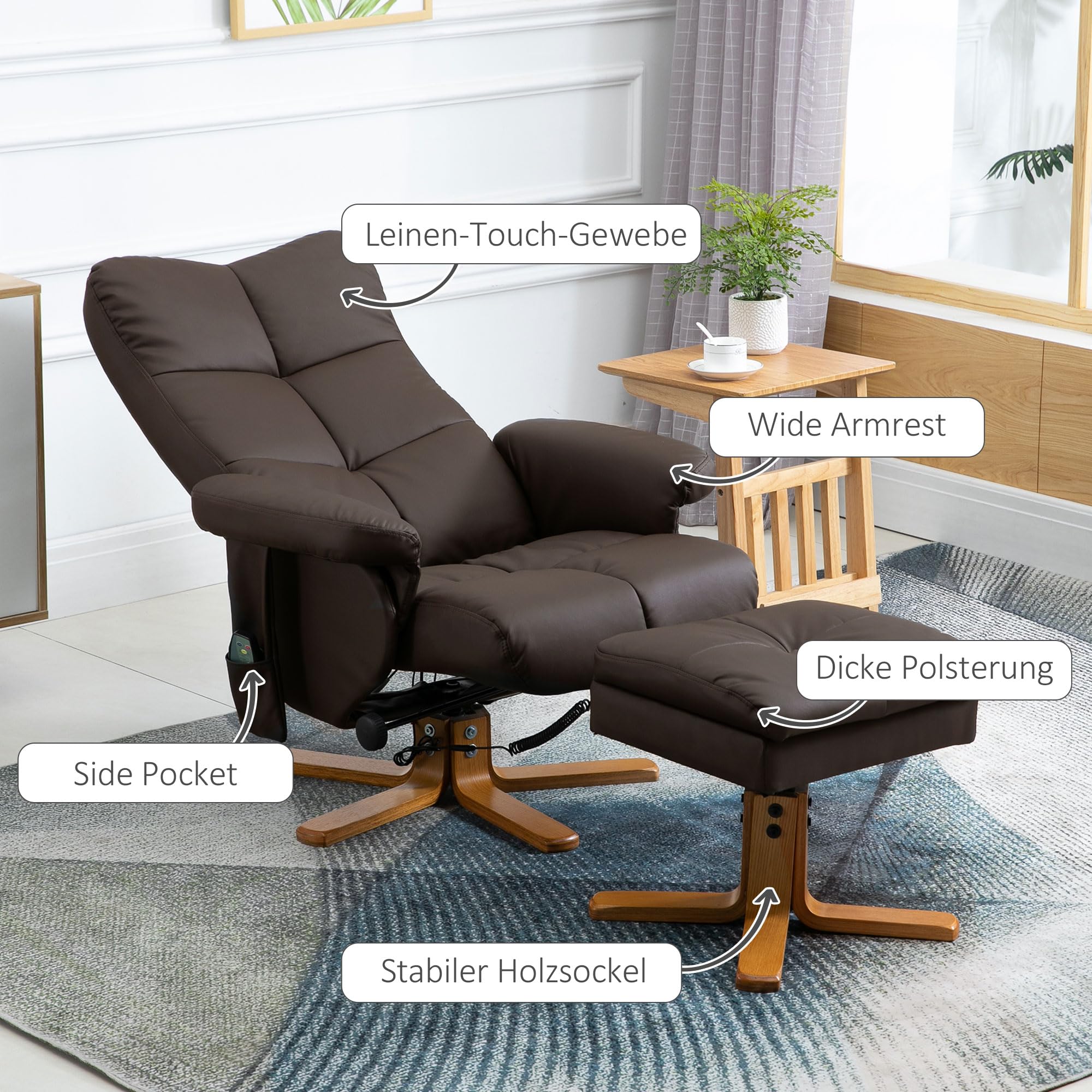 HOMCOM Relaxsessel mit Hocker 360° drehbarer Massagesessel Liegefunktion TV-Sessel Polyester Braun