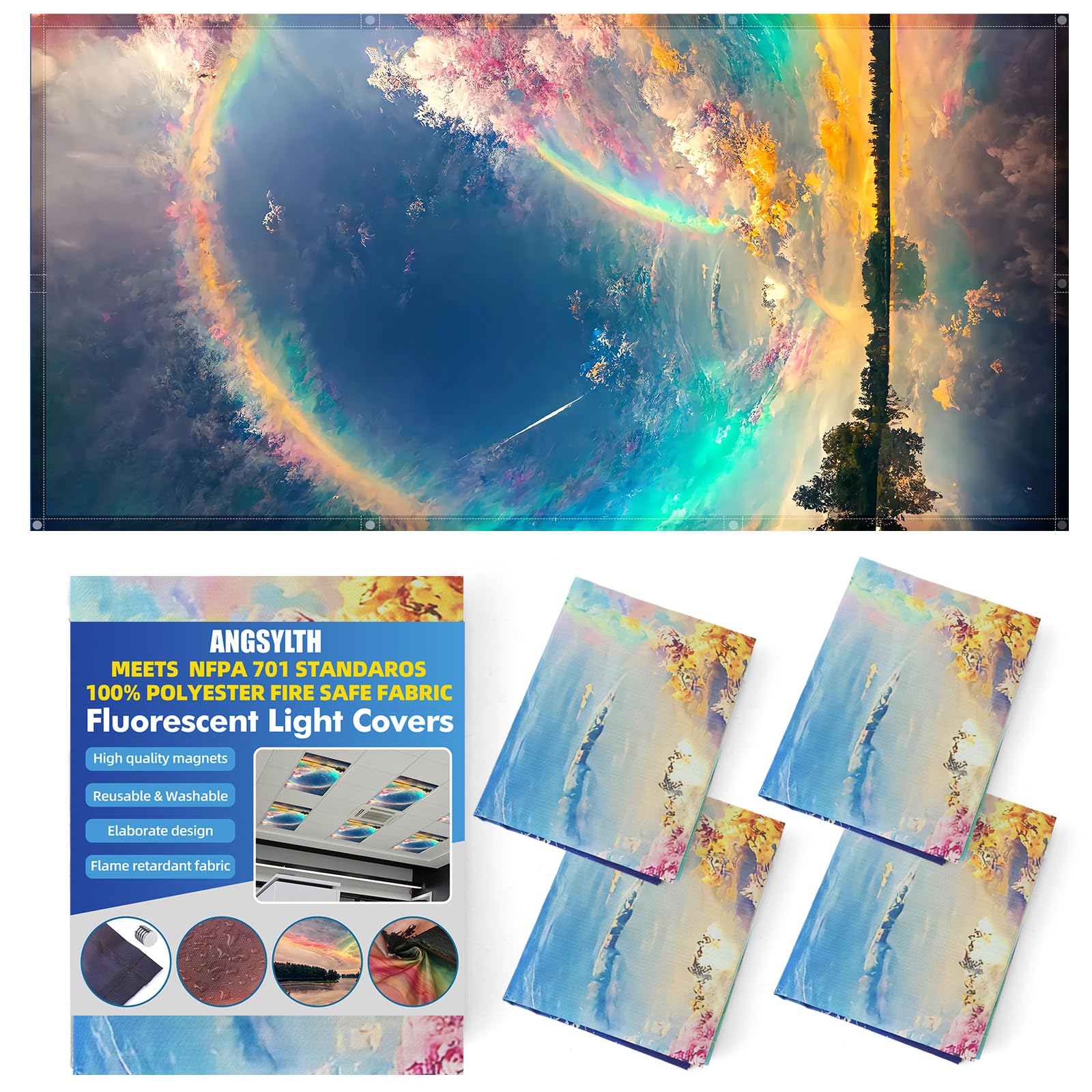 ANGSYLTH 4 Pcs Fluorescent Light Covers - Classroom, Office 4 x 2 Feet Flame Retardant Magnetic Covers for Ceiling Lights Filters (Auspiciousness Clouds)