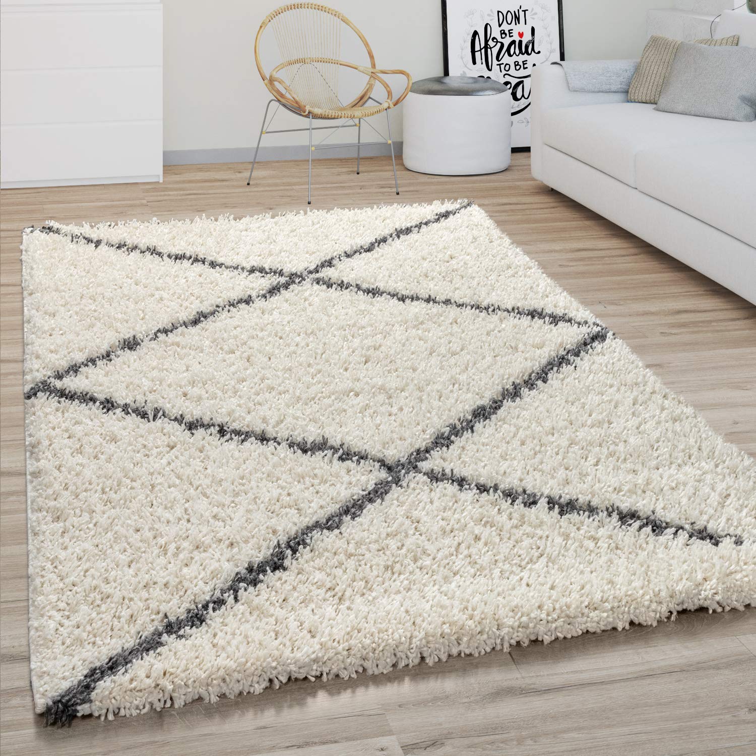 Tapis Poils Ras Losange Scandinave - Crème 100% Polyester - Neuf étiqueté