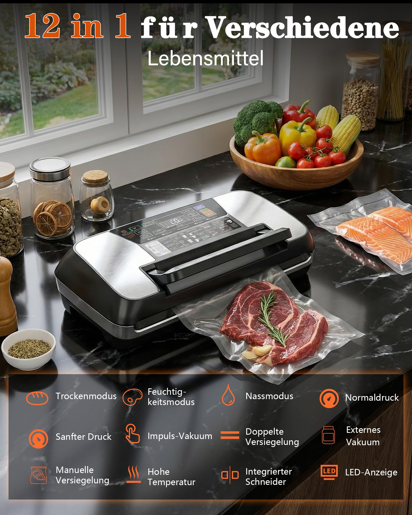 Vakuumiergerät für Lebensmittel 95 kPa, 12-in-1 Vacuum Sealer mit doppelter Schweißnaht, Easy-Lock-System, integriertem Cutter, abnehmbarer Tropfschale für Frische und lange Lagerung