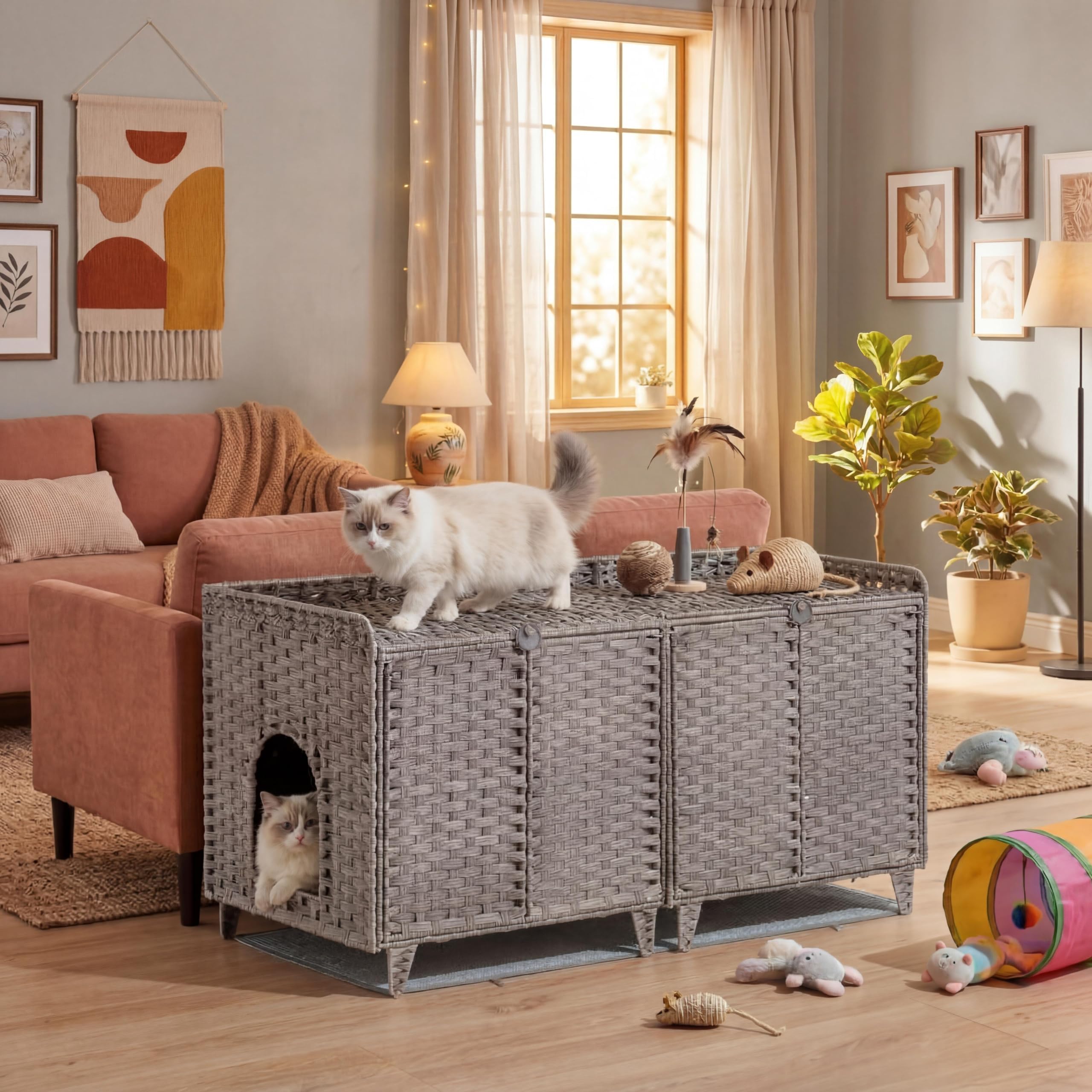 Garvee Mobiletto Copri Lettiera per Gatti in Rattan per 2 Lettierine, Grigio