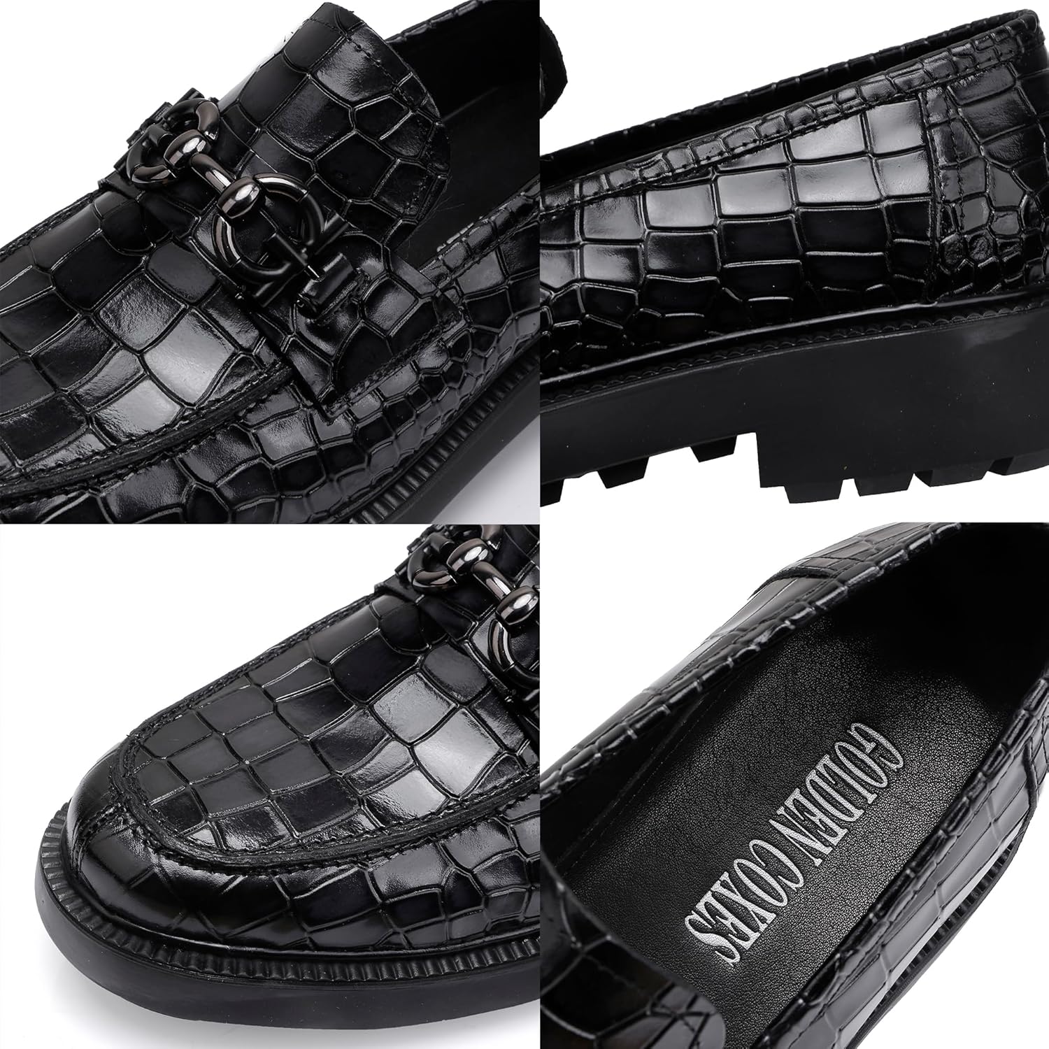 Premium Mens Leather Dress Shoes, Classic Casual Crocodile Printed Business Buckle Dress Slip on Penny Loafer Party Wedding Shoes for Mens, Black, 7 - Image 2