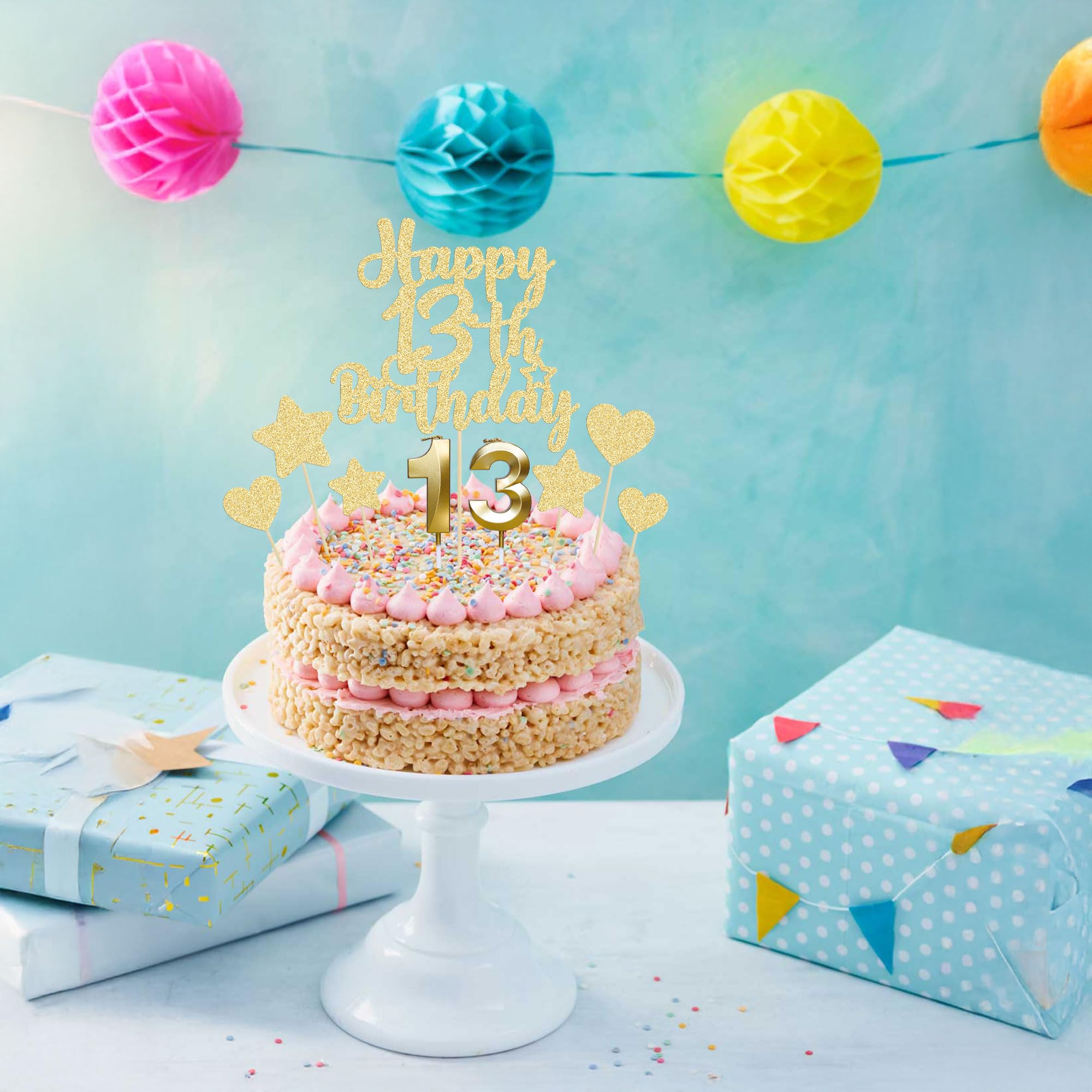 Gyufise 15Pcs Happy 13th Birthday Cake Topper Set with Heart Star Glitter Cheers to 13 Years Cake Picks Number 13 Candles Cake Decorations for Happy 13th Birthday Anniversary Party Supplies Gold - Image 4