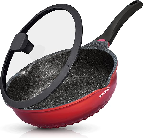 Patelnia z pokrywką, powłoka nieprzywierająca, odporna na zarysowania, głęboka patelnia do smażenia o średnicy 28 cm, odporna na plamy, niemiecka powłoka ceramiczna Greblon (Czerwony, 28 CM)