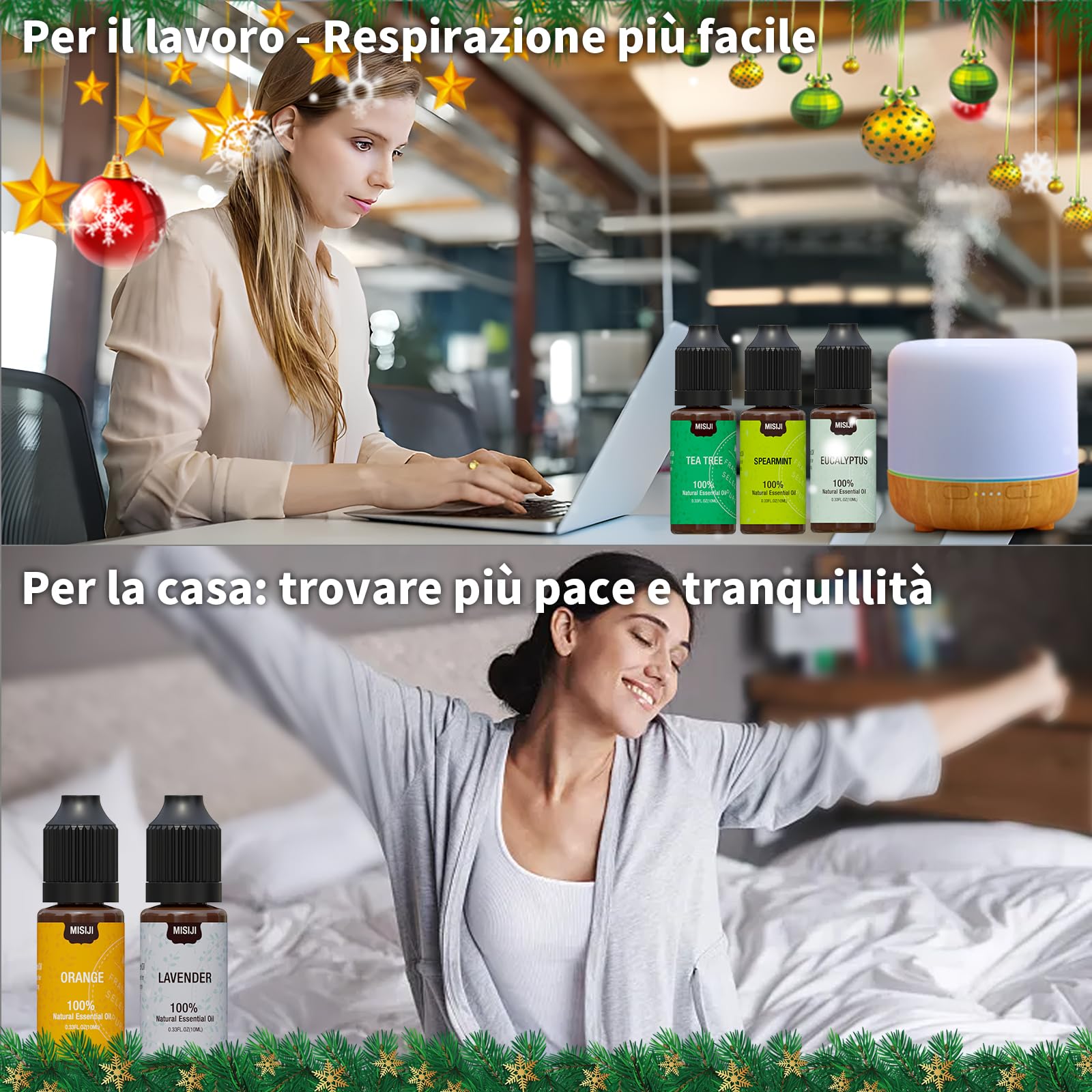 MISIJI Set di oli essenziali per diffusori,per la casa, lavanda, menta, tea tree, eucalipto, arancio, 5 X 10ML