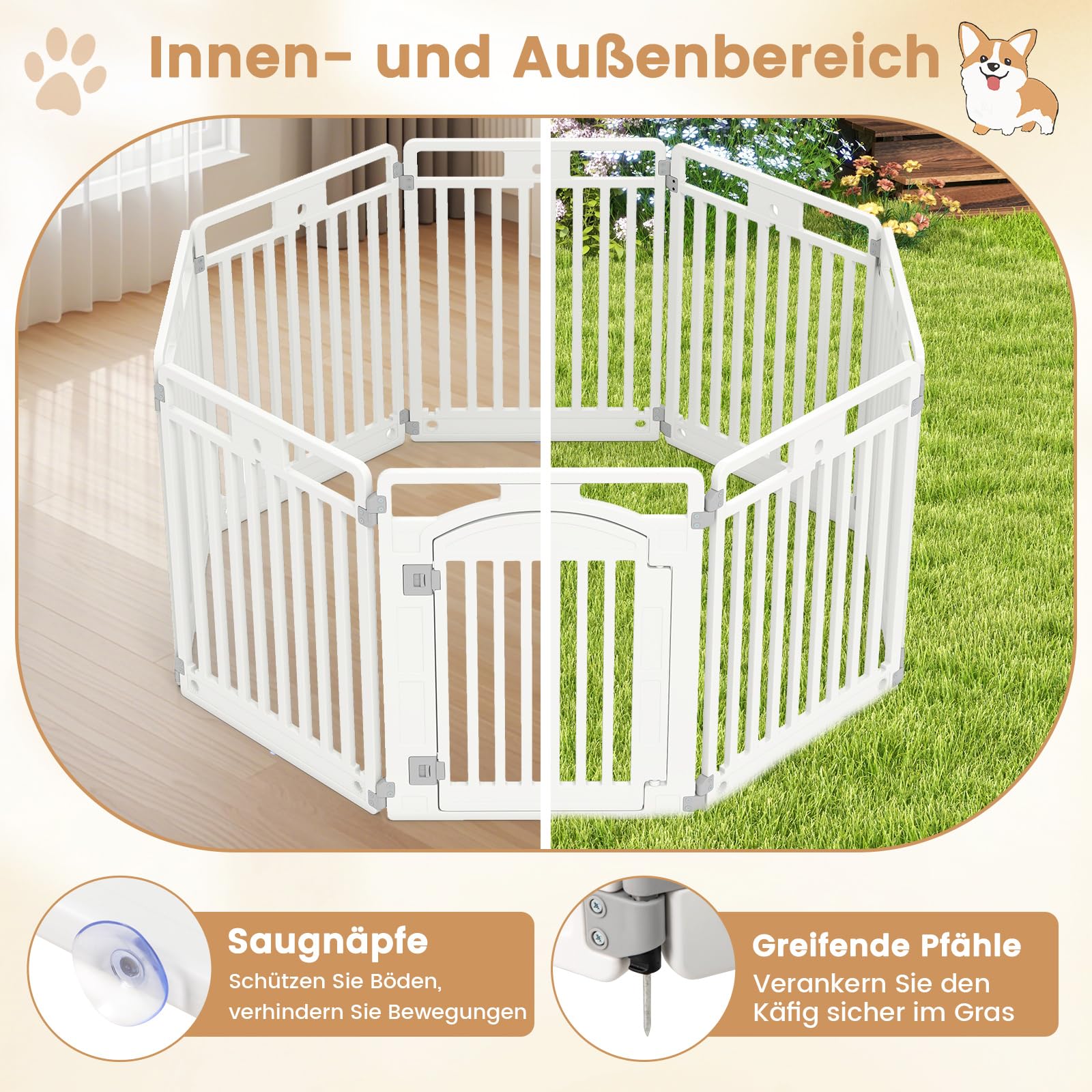 COSTWAY Welpenauslauf faltbar, Welpenlaufstall mit 8 Paneelen, abschließbarer Tür & Bodennägeln, 80 cm hoch, Hundelaufstall Outdoor Indoor, Laufstall Hund, Hundeauslauf aus Kunststoff, Weiß