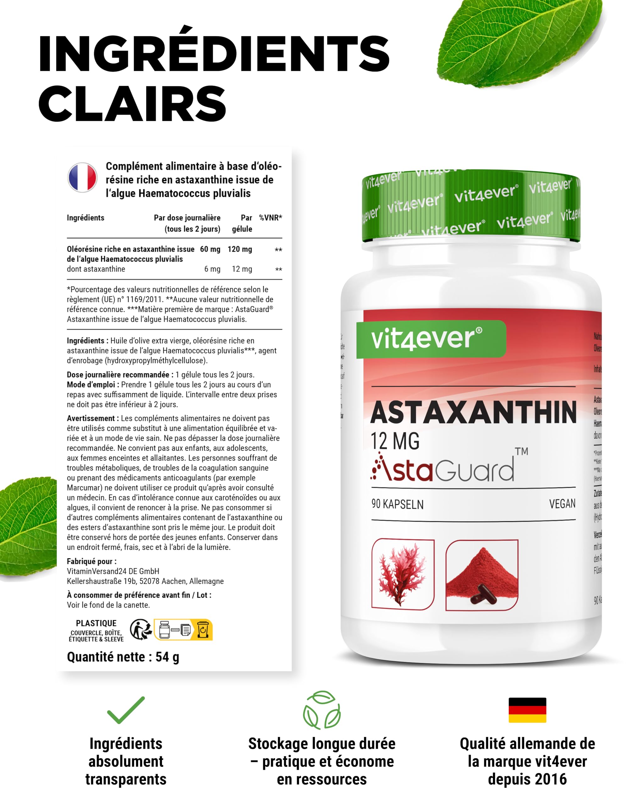 vit4ever Astaxanthine 12 mg AstaGuard® - 90 Gélules Vegan - Hautement Dosé - Réserve de 6 Mois - Oléorésine Premium de Haematococcus pluvialis