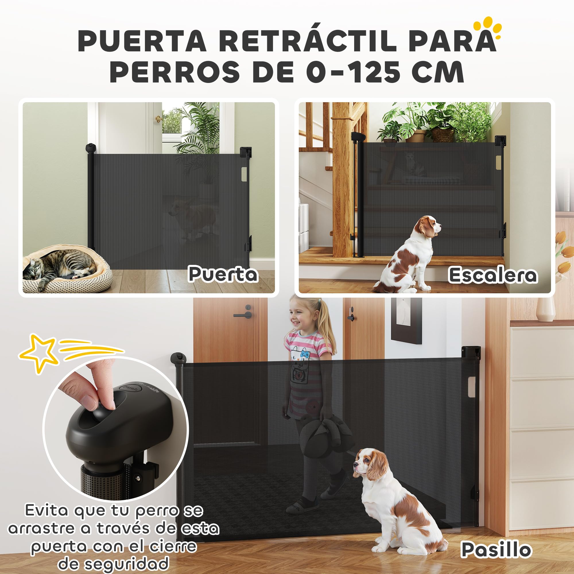 PawHut Barrera para Perros Retráctil 0-125 cm Puerta para Perros Pequeños Extensible Barrera de Seguridad para Mascotas con Interruptor de Cierre para Escaleras Puertas Pasillos Negro