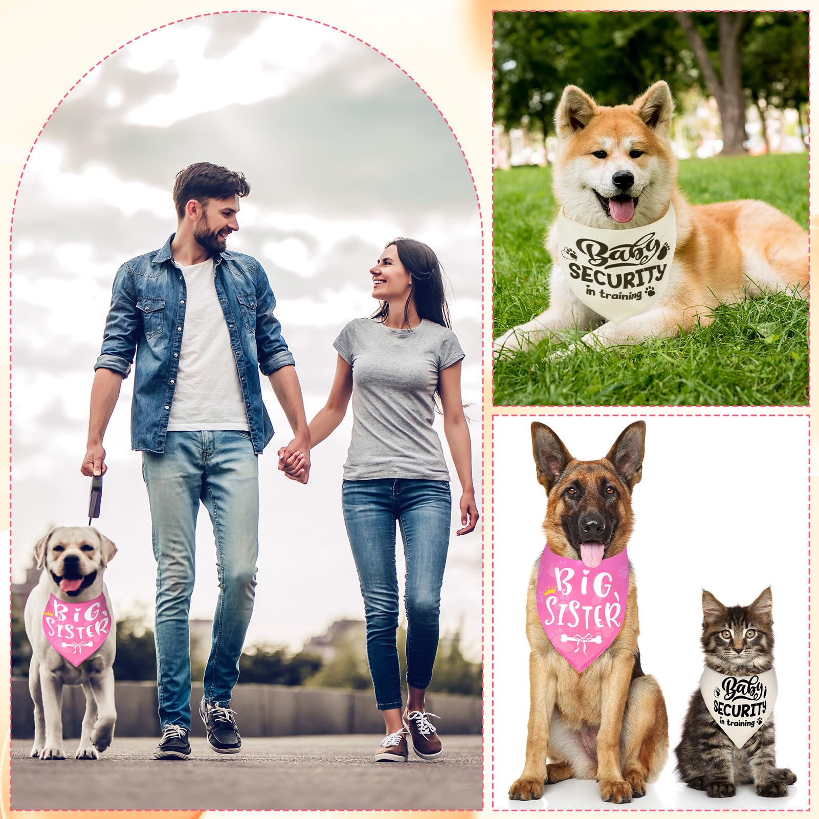Set di 2 fazzoletti da collo per cani di piccola taglia media e grande, rosa e beige