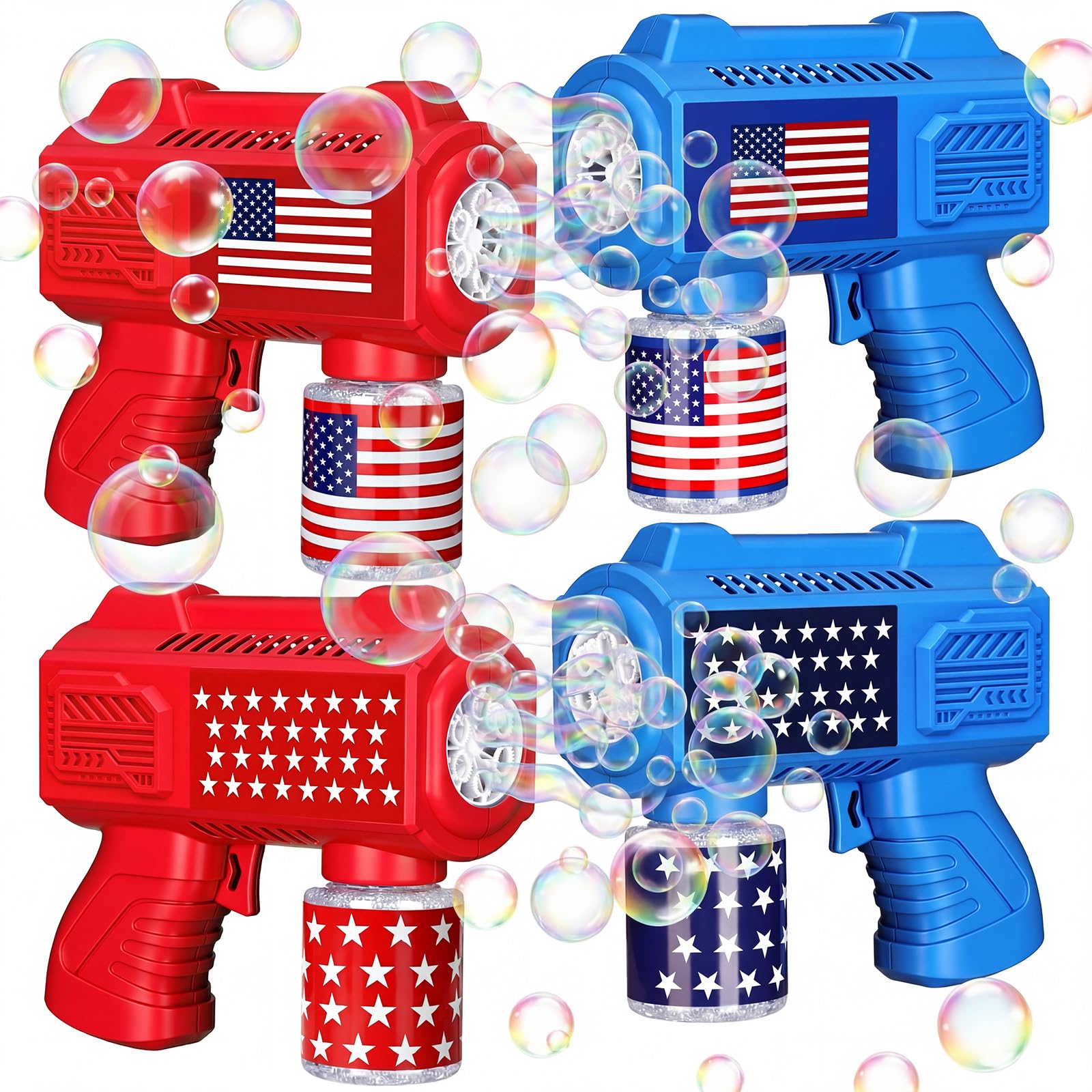 Photo 1 of Rotatingpals 4 Pack 4th of July Party Favor Bubble Guns with Red White Blue Star American Flag Electric Gun with 4 Bubble Solution for 250th Anniversary Patriotic Independence Day(4th of July)