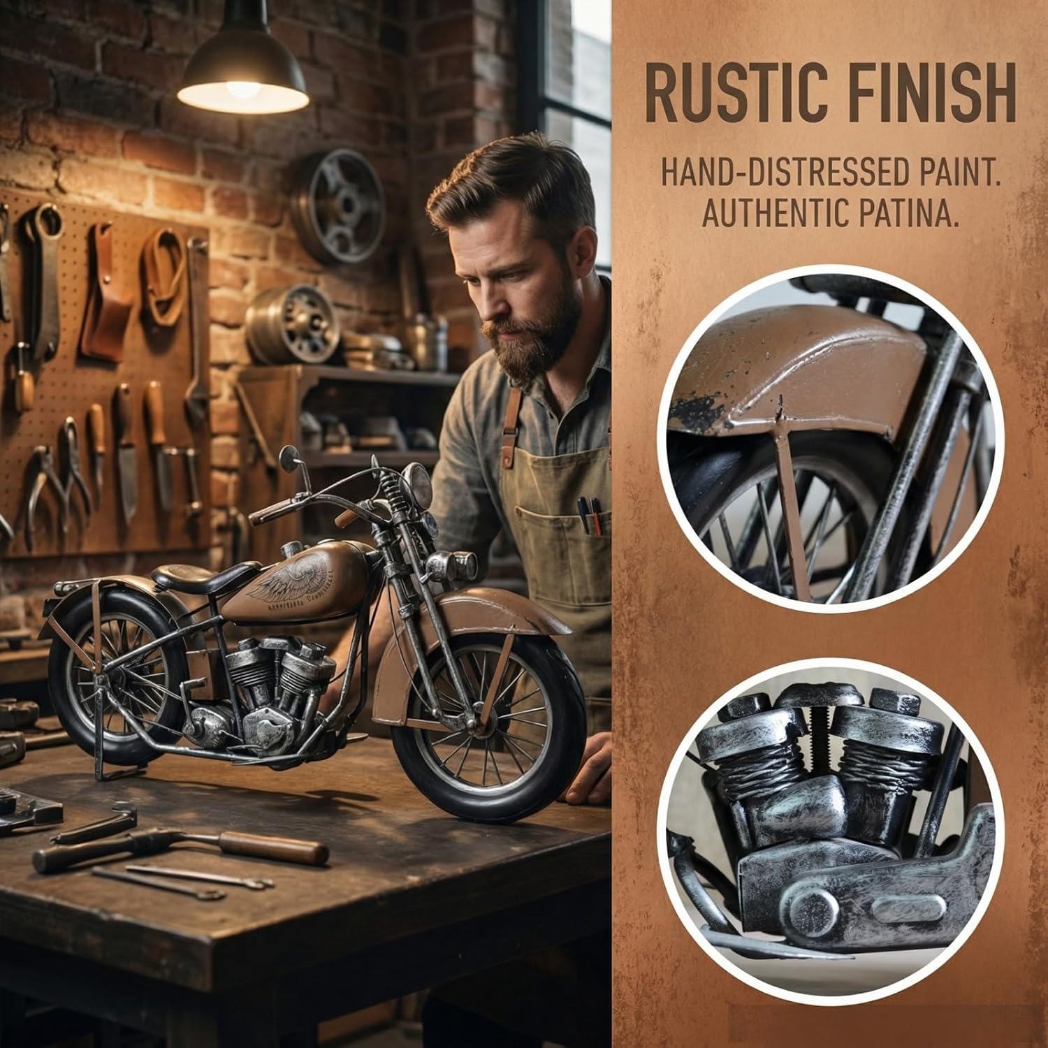 Vintage Metal Motorcycle Sculpture - Handmade Industrial Iron Motorbike Model Art - Retro Copper Desk Decor for Office and Home - Unique Collectible Gift for Men, Dads and Biker Enthusiasts