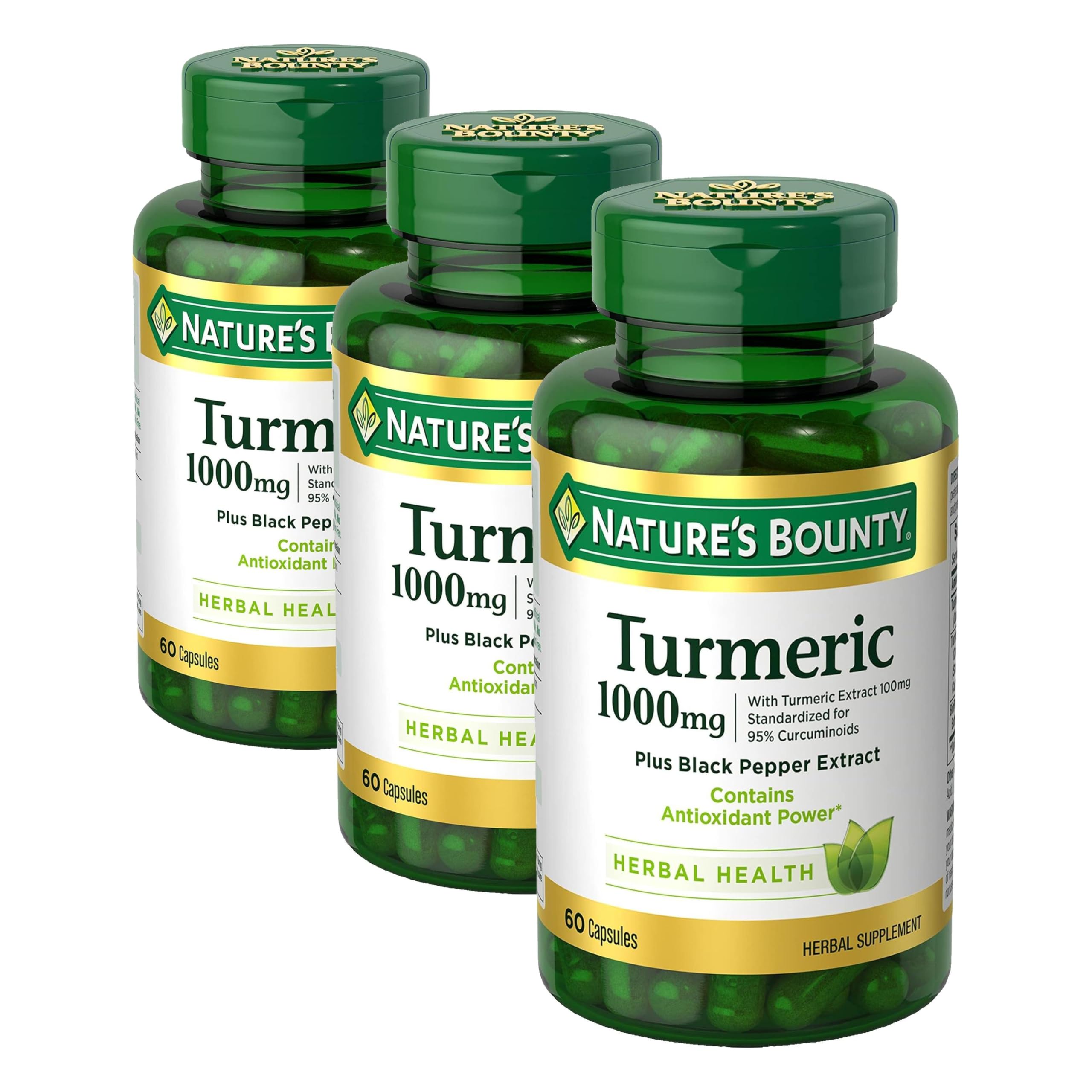 Nature's Bounty Turmeric with Black Pepper Extract,Supports Antioxidant Health,1000mg,60 Capsules,(Pack of 3) 60 Count (Pack of 3)