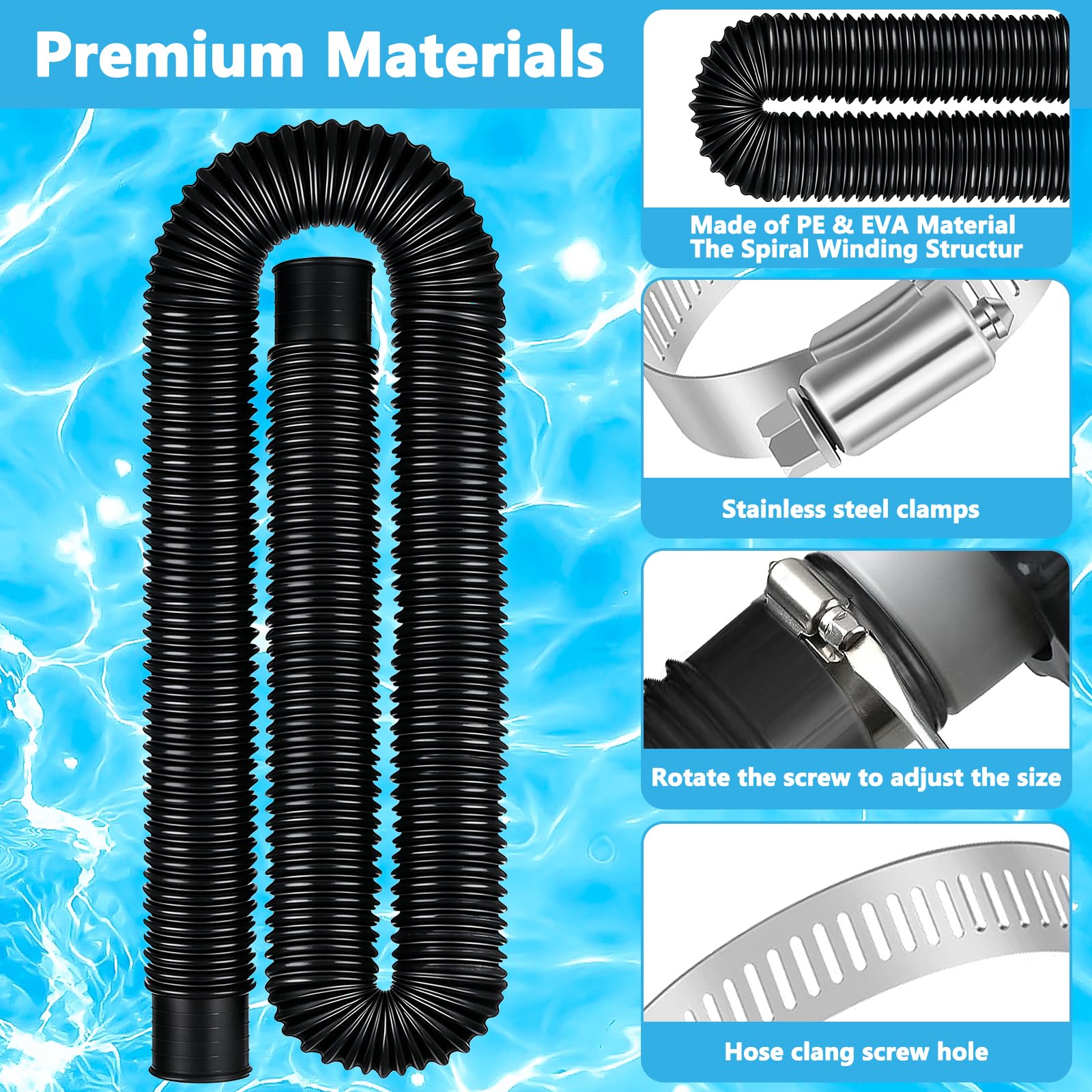 2 WężE Basenowe 32 mm, Czarny Replacement Hose z 4 Klipsami ZabezpieczająCymi i 1 ZłąCzem WężA, Wąż Basenowy PE 150 cm do Pompy FiltrująCej i Basenu
