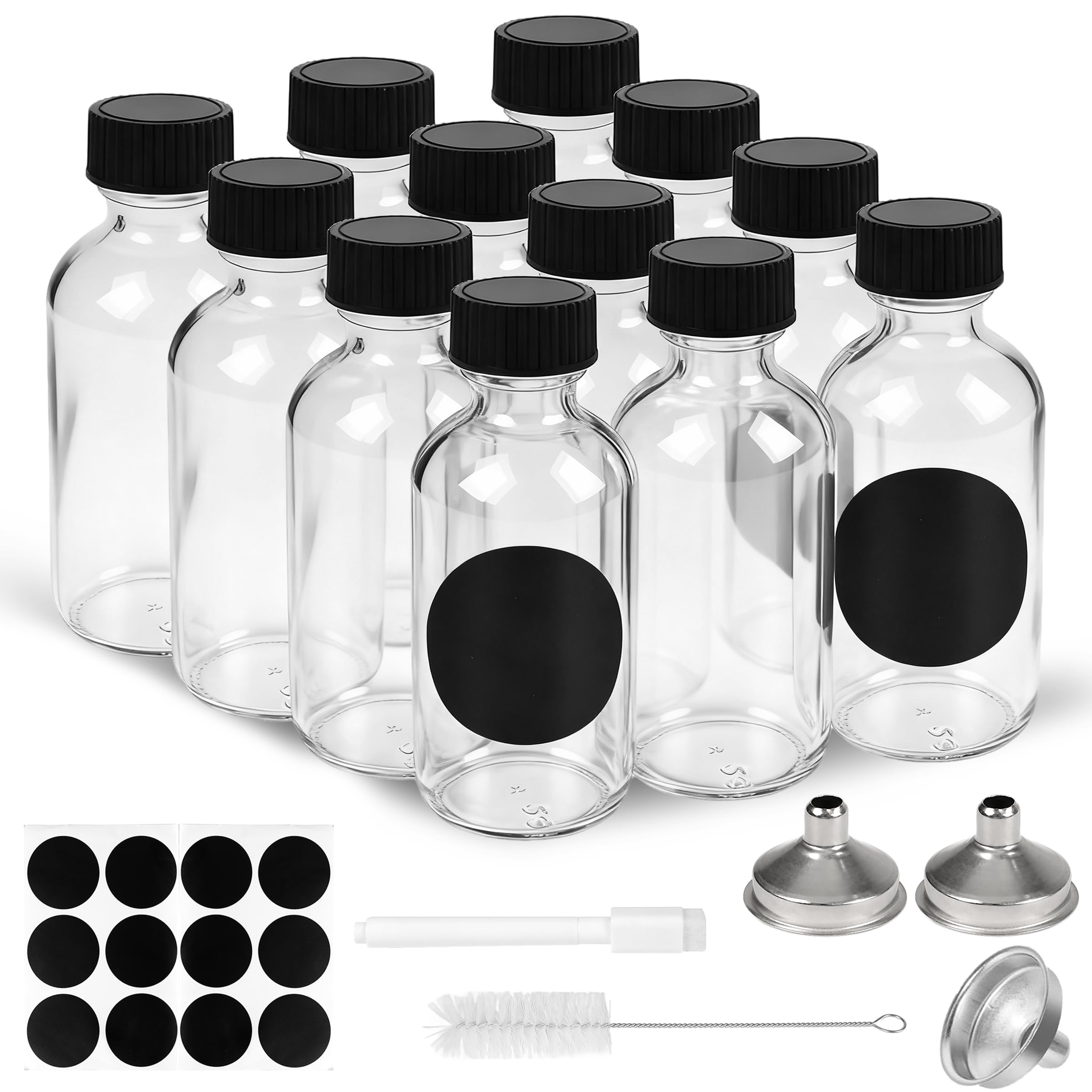 ZHABAYEN 12 Pack 2oz Glass Shot Bottles with Lids, Ginger Shot Bottles with 3 Funnel, 12 Labels, 1 Brush, Small Glass Bottle for Juice, Oils, Sauces, Whiskey, Potion, Wellness