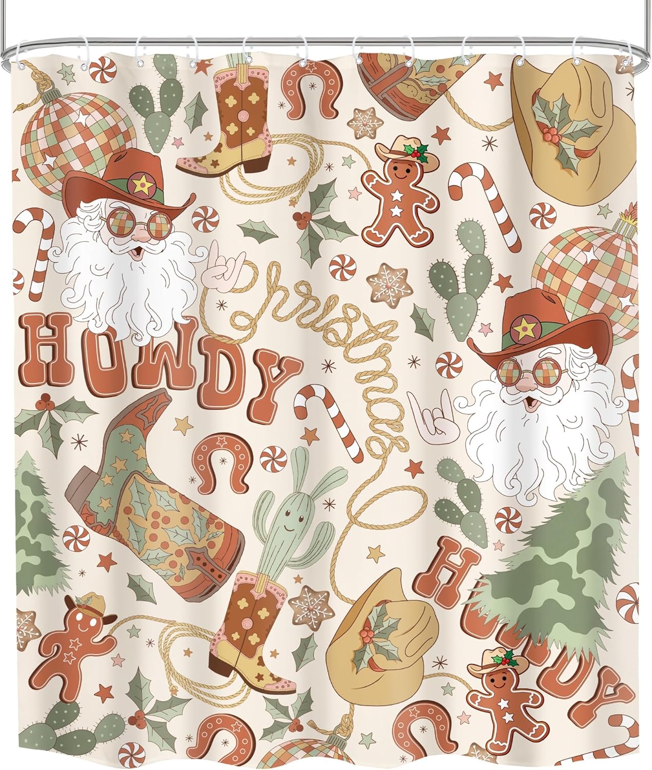 Christmas Shower Curtain 60Wx72H Merry Xmas Western Cowboy Santa Claus Retro 70s Howdy Pine Tree Cactus Hat Boots Bathroom Decor Modern Disco Ball Bath Curtain Fabric Polyester 12 Pack Hooks