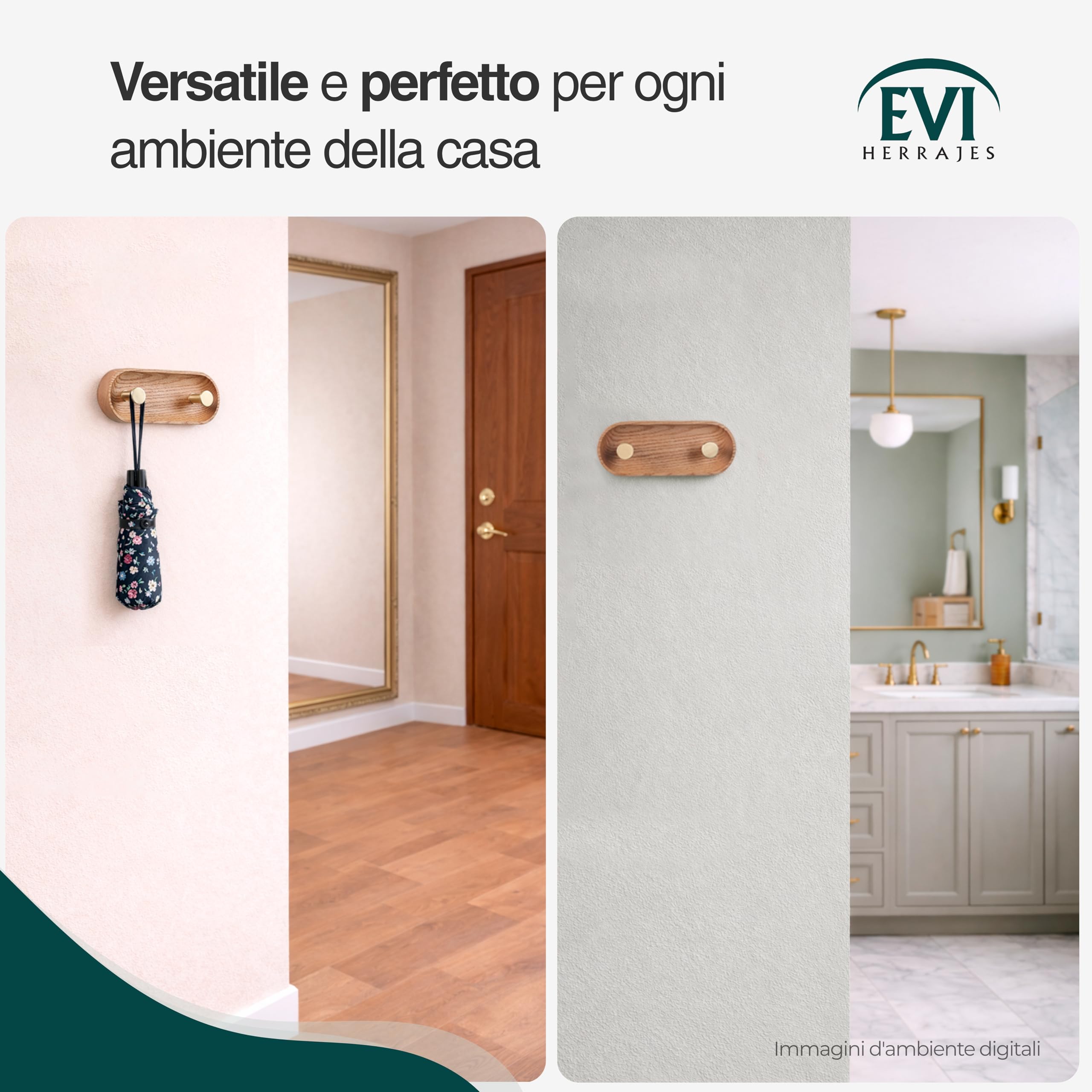 EVI Herrajes | Appendiabiti da parete a 2 ganci | Legno massello di rovere rosso | Ganci in ottone satinato | Kit di montaggio incluso | Mod. Cova 2CRRLMT