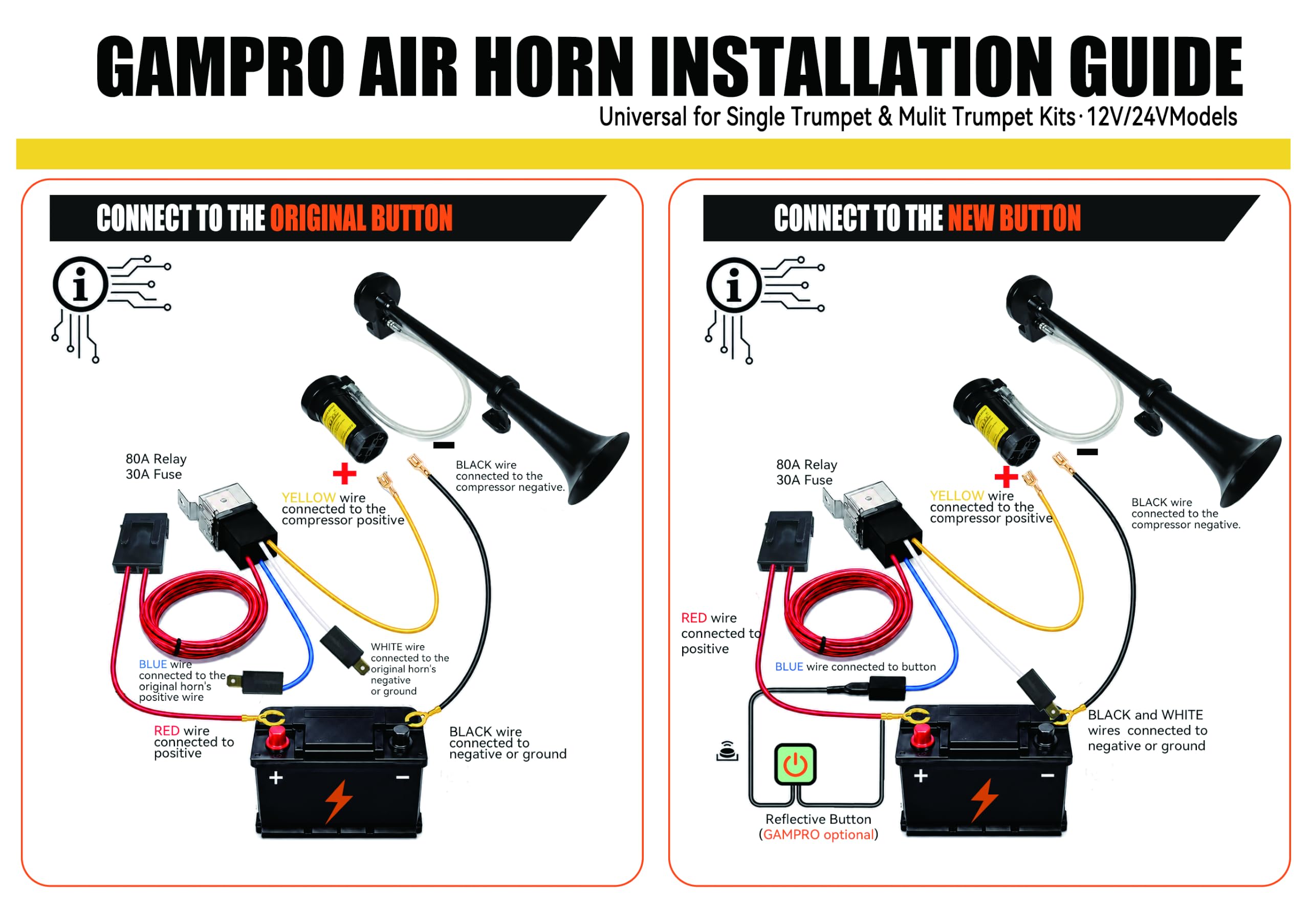 GAMPRO 12V 150db Air Horn, 45cm Chrome Zinc Unique trompette Camion Air Horn avec compresseur pour tous les véhicules 12V Camions Lorrys Trains Bateaux Voitures (Noir)