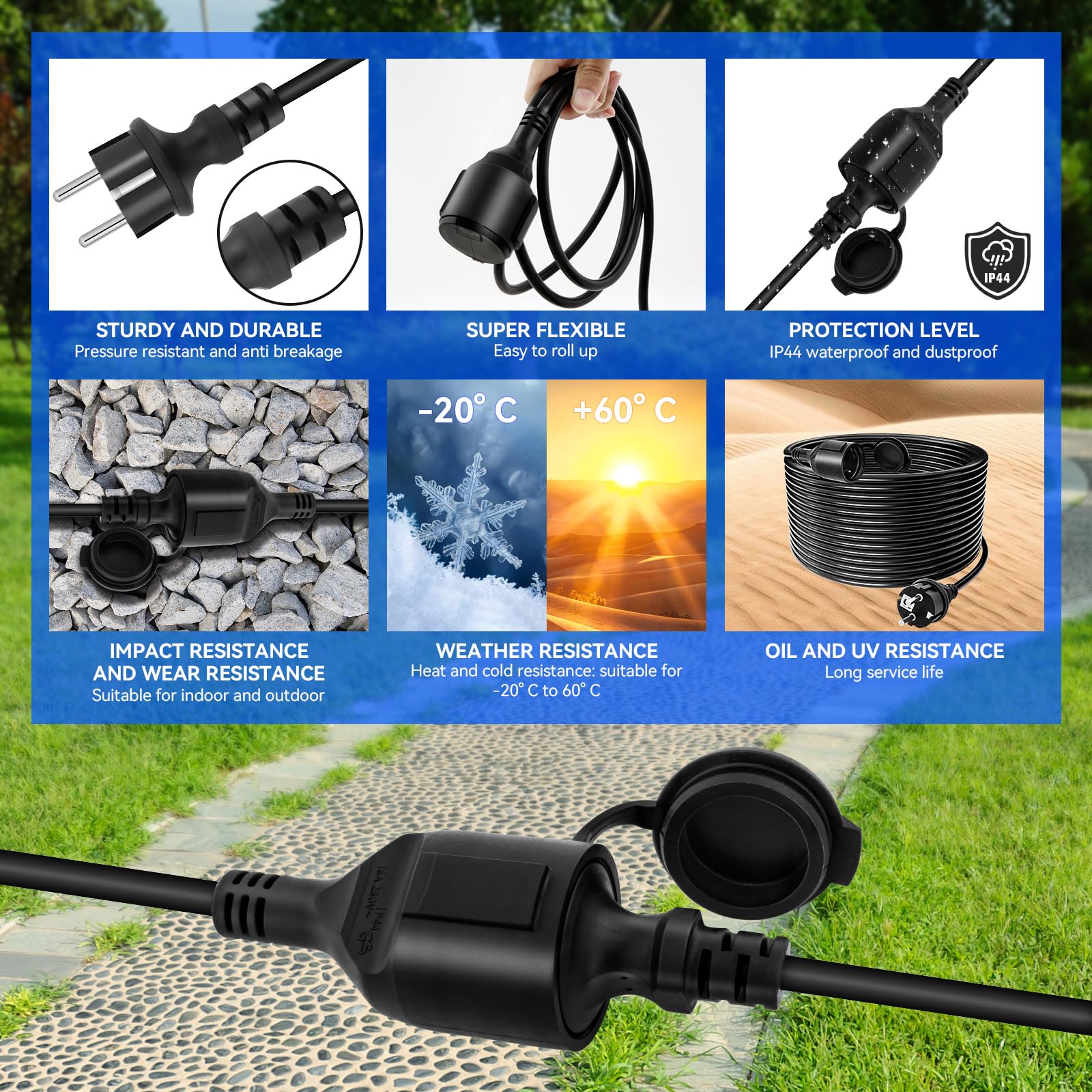 Rallonge Electrique Extérieure 40 m, Câble prolongateur 3G1,5 mm² IP44, 16A 250V avec Capuchon de Protection, Prise à Contact de Protection pour intérieur et extérieur