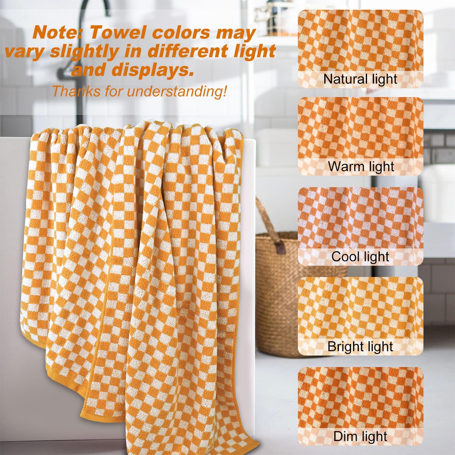 Jacquotha Cute Bathroom Towel Sets, 4 Hand Towels and 2 Bath Towels for Bathroom and Guest Room, 100% Cotton Towels Set, Orange Checkered