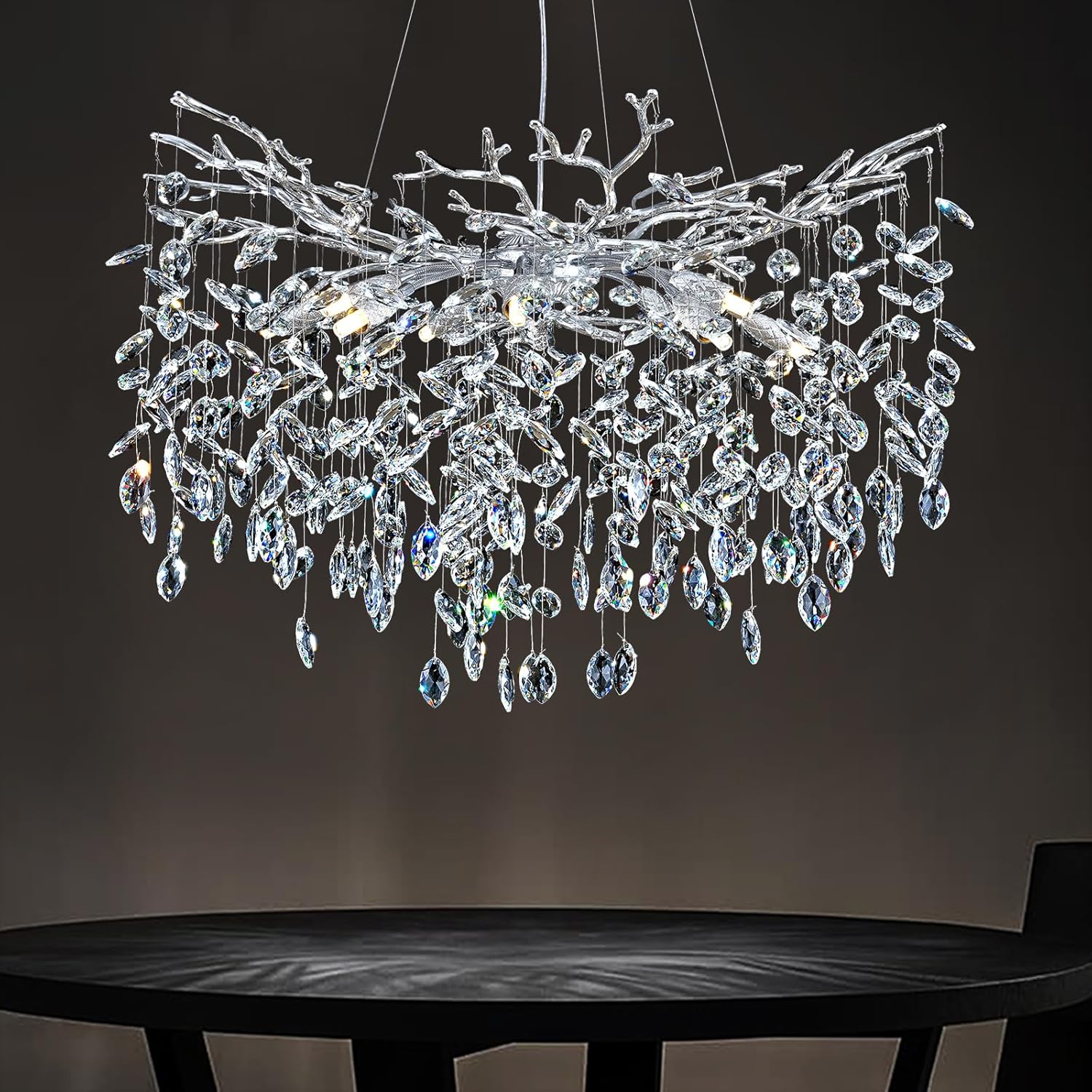 Modern Crystal Chandelier, 30" Chandeliers for Dining Room,Silver Tree Branches Chandelier Lighting, Round Dining Room Chandelier Over Table,Branches and Crystals Ceiling Light Fixture Silver A-Round-D 30inch