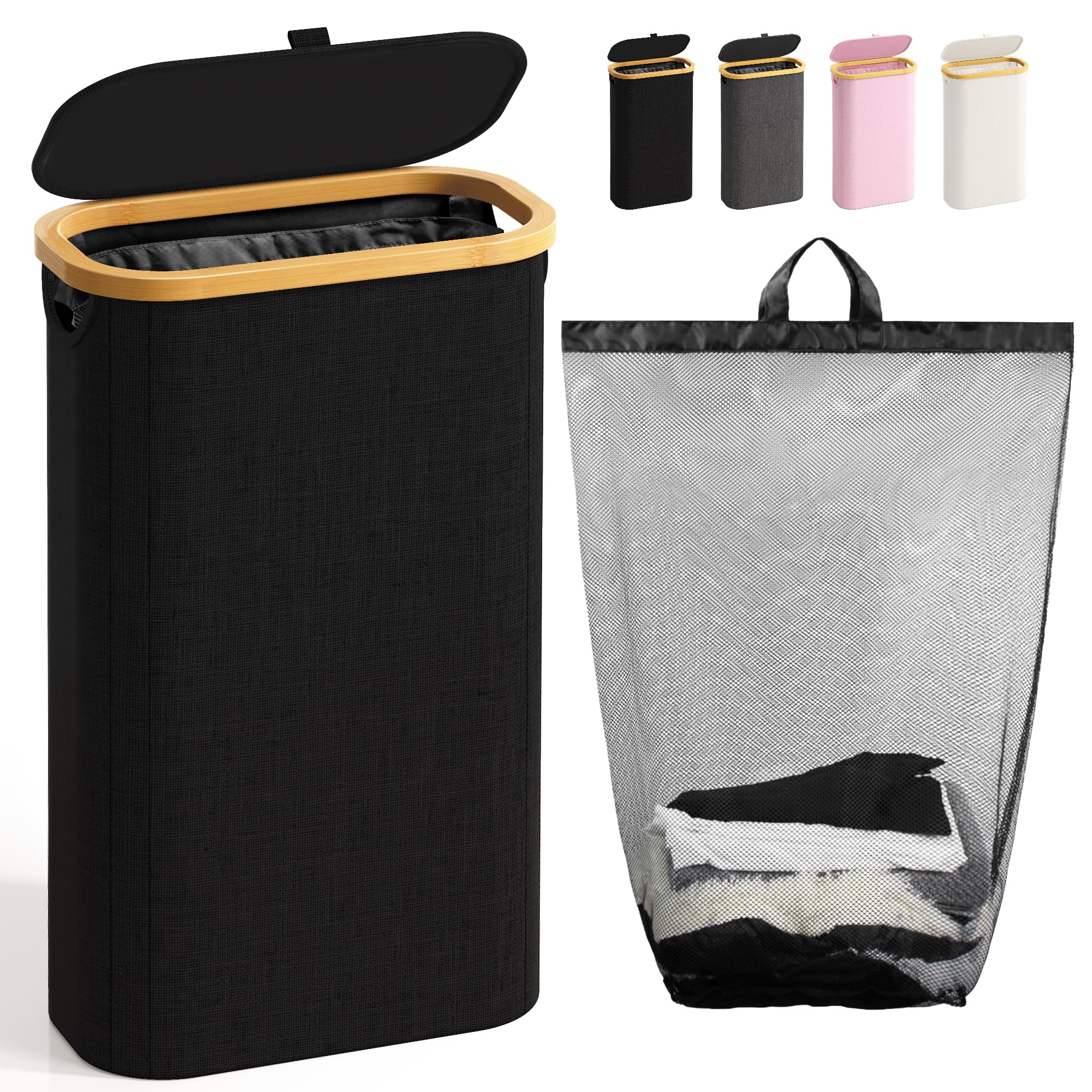 Bathola Schmaler Wäschekorb mit Deckel &amp; Herausnehmbarem Wäschesack, Schwarz – Amazon Angebot