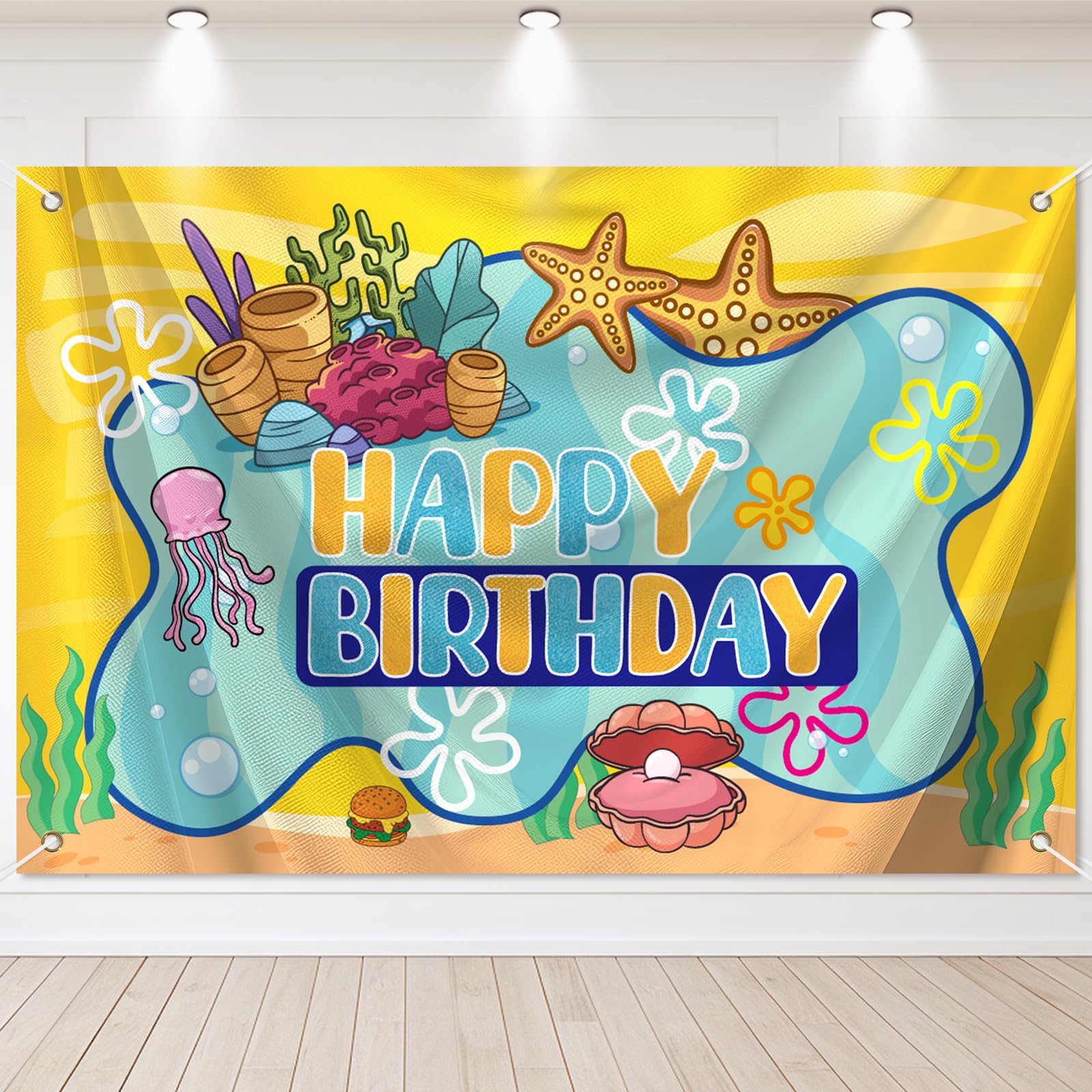 ZQBQC Cartoon Happy Birthday Backdrop- Ocean Birthday Decorations for Kids, Yellow Cartoon Photography Background, Under The Sea Photo Backdrop