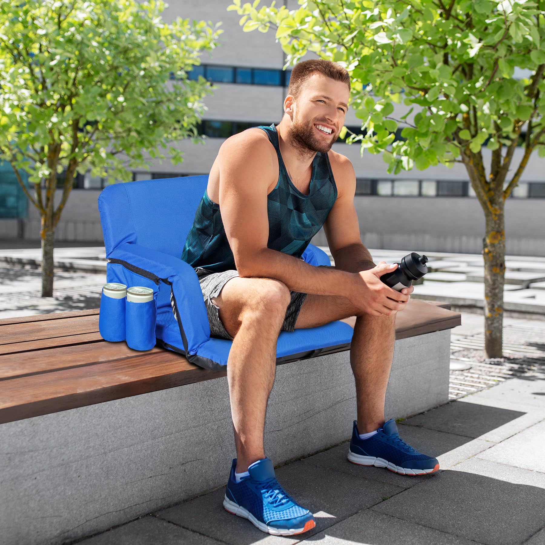 Smartxchoices 2 Pack Extra Wide Stadium Seats, Folding Bleacher Chairs, 6-Reclining Positions Padded with Back Support and Cushion, 2 Pockets & Cup Holders, Anchor Straps, Shoulder Straps, Blue