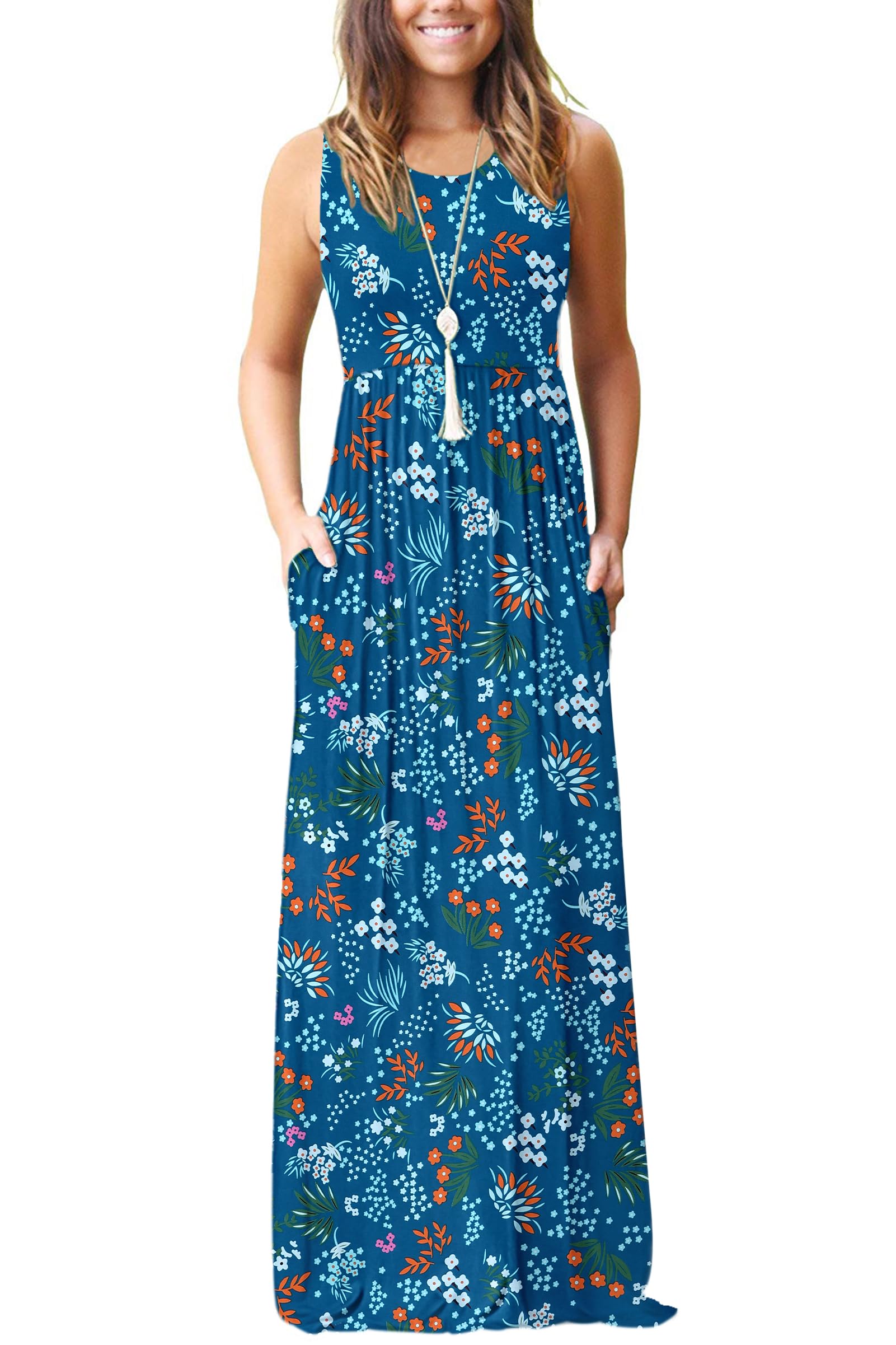 AUSELILY Women's Summer Sleeveless Loose Plain Casual Long Maxi Dresses | Year Round wear solid floral print, Casual daily wear, Empire waist, Floor length, Side pockets New