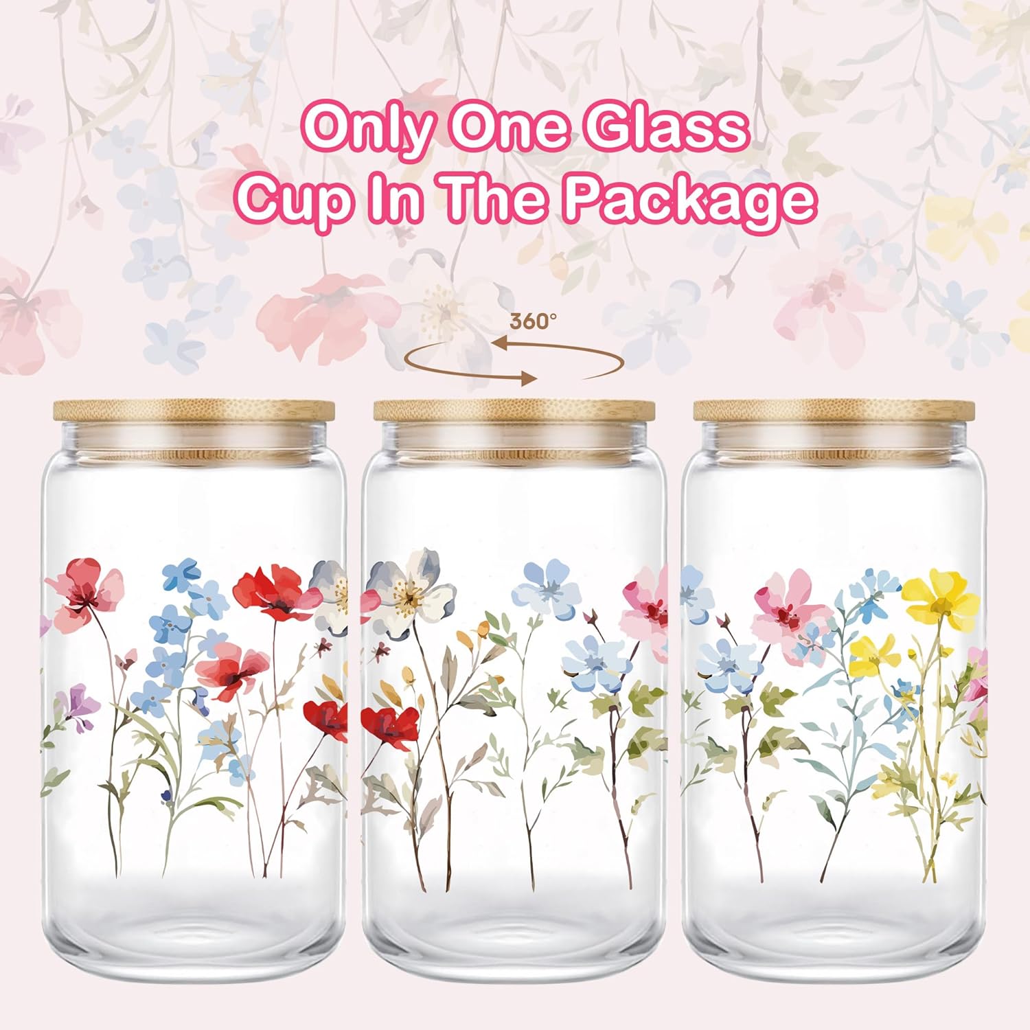 Flower Aesthetic Cups, 16oz Cute Glass Cups With Lids And Straws, Aesthetic Iced Coffee Cup, Flower Glass Cup Gifts For Women, Floral Glass Cup, Gifts For Her Women Mom Birthday - Image 2
