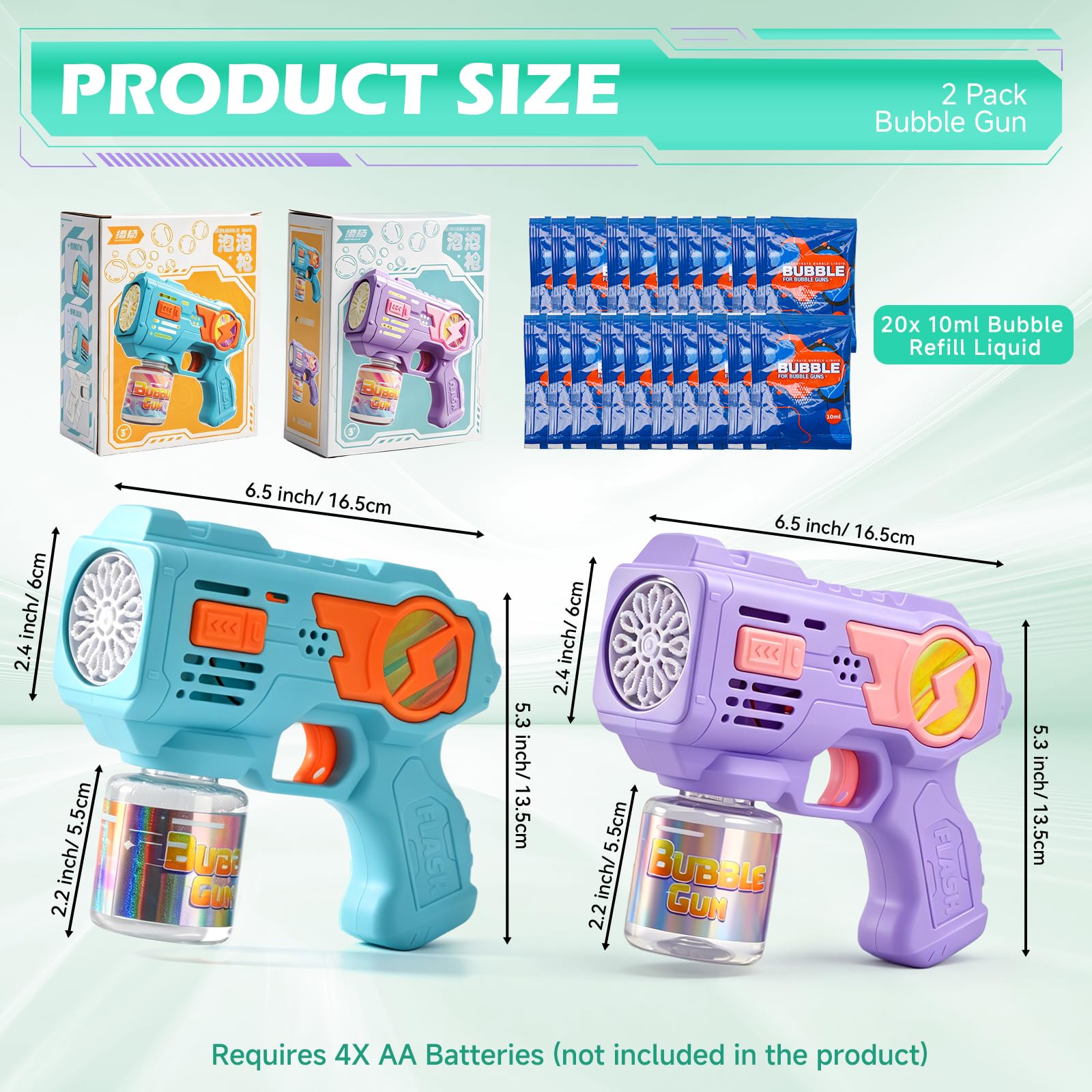Set da 2 Pistole a Bolle per Bambini, Pistola a Bolle Automatica con Luci LED e 20 Bustine di Concentrato (10 ml), Macchina Bolle di Sapone Elettrica per Esterno, Compleanno e Feste