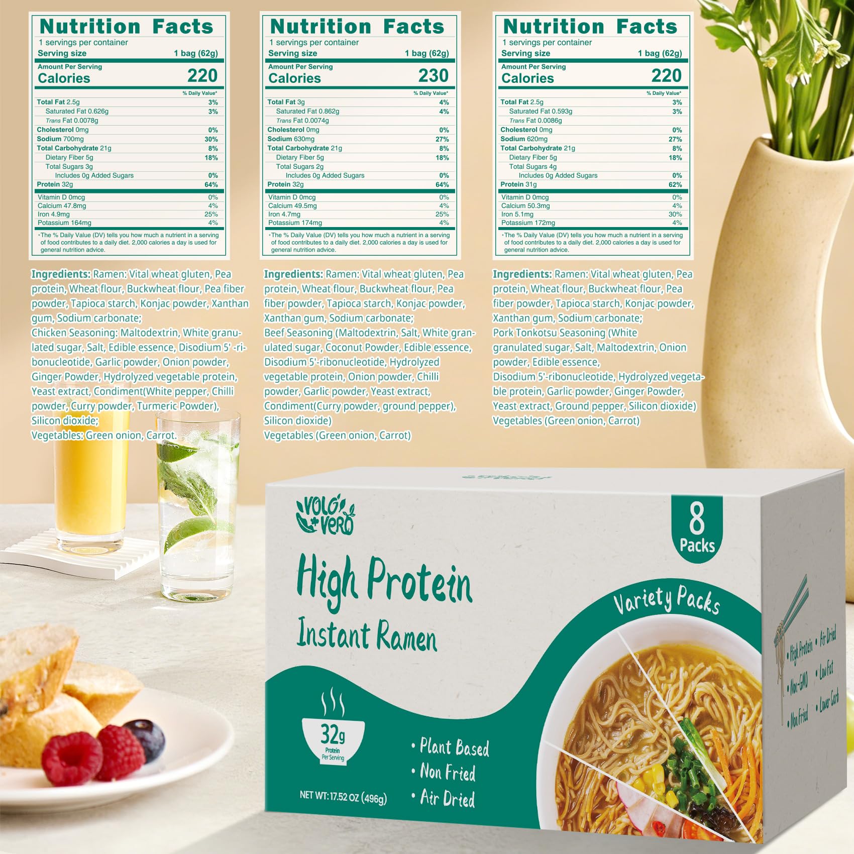 VOLO VERO High Protein (32g) Instant Ramen Variety Packaged Noodles Soup, Chicken, "Spicy" Beef, Pork Tonkotsu, Plant-Based, Air-Dried, Non-Fried, Low Carb, Egg-Free, Dairy Free Healthy Meal, 8 Packs